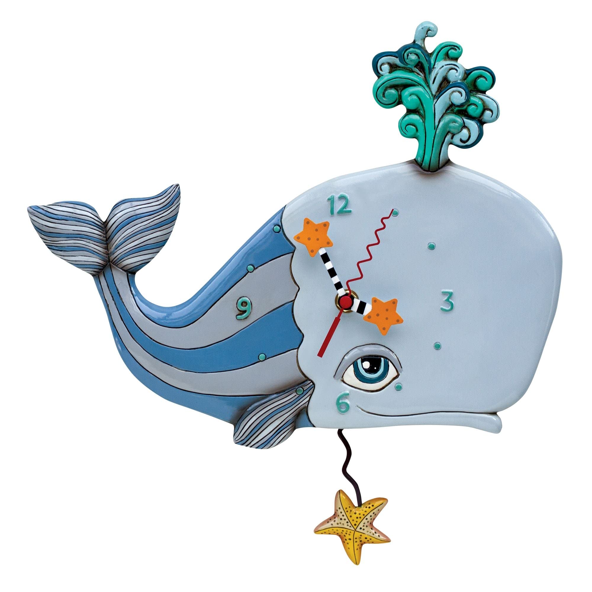 Allen DesignsEnesco Spouting Off Happy Whale with Starfish Sculpted Pendulum Wall Clock, 13.25 Inch, Multicolor