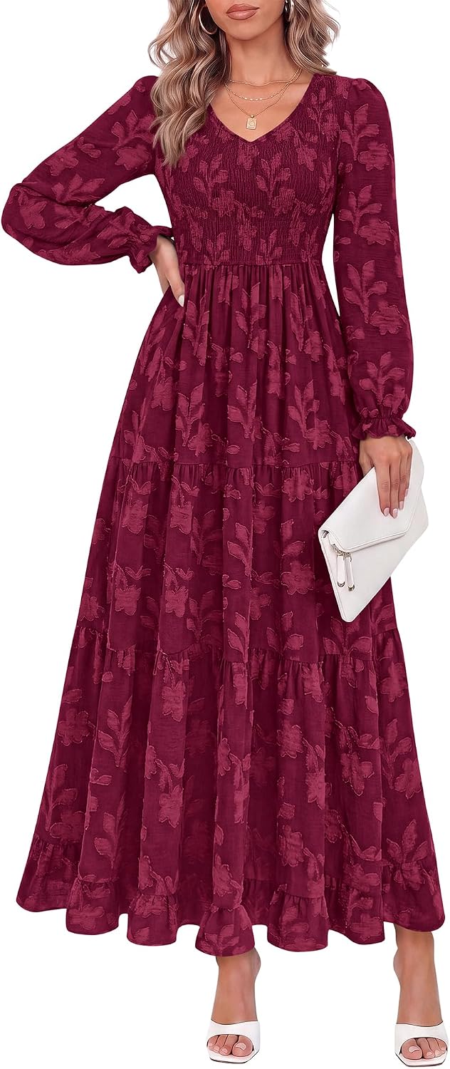 KIRUNDO Womens Long Sleeve V Neck Wedding Guest Maxi Dress,Burgundy,S