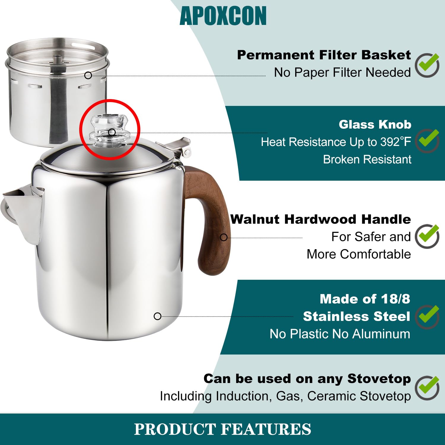 APOXCON Percolateur à café en acier inoxydable avec poignée en bois massif ignifuge et bouton de progression en verre transparent résistant pour le camping, utilisation sur n'importe quelle cuisinière
