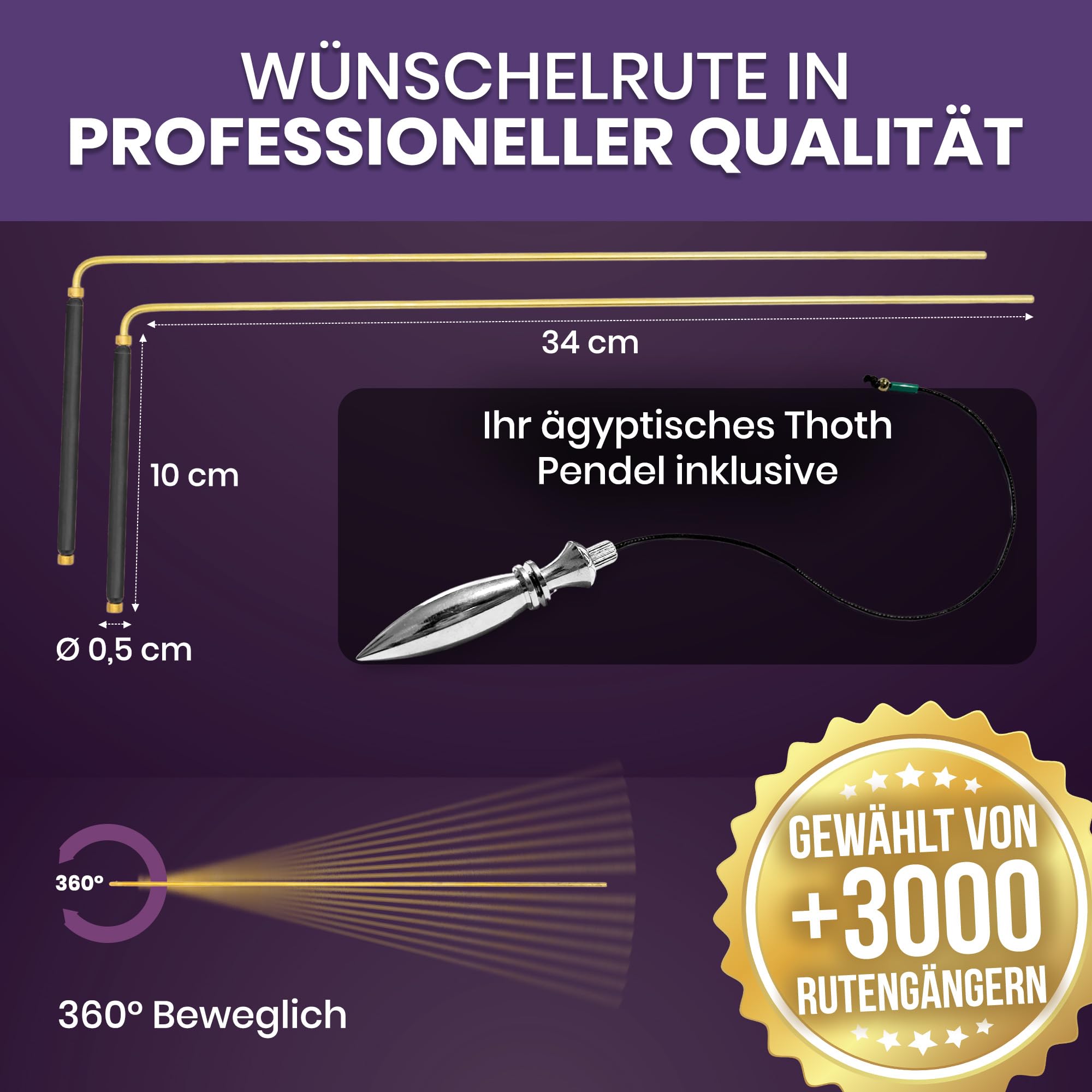 VIBRATIS Augenbrauenstäbchen mit Pendel, Ägyptisches Thot – Radiästhesie-Set aus Kupfer – Präzision und Zuverlässigkeit für Geobiologie, Paranormal und Wahrsagerei – französische Marke