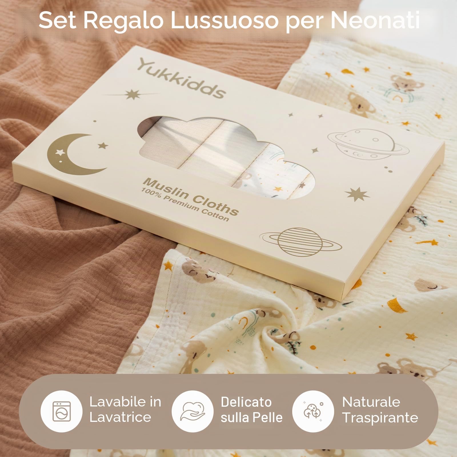 Panni di garza per neonati, 100% cotone, 60 x 60 cm, assorbenti e traspiranti, in mussola, set da 5 pezzi, per neonati, ragazzi e ragazze, orso marrone