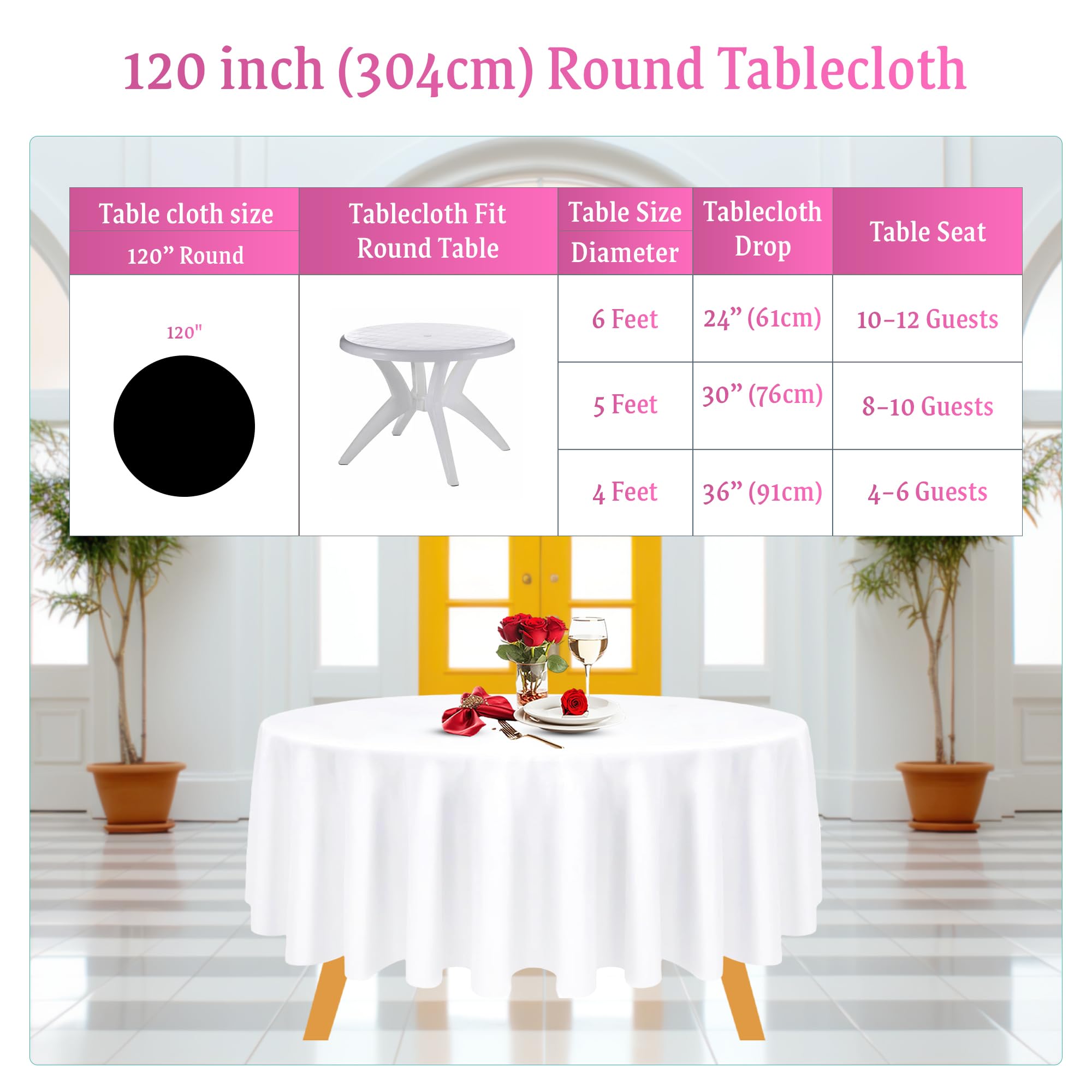 Weddecor Mantel Redondo de algodón y poliéster, 120 Pulgadas, Mantel de Lino Circular Premium, Mantel de Tela Lavable para Bodas, Fiestas, Mesa de Comedor, Banquetes, Blanco, 5 Piezas