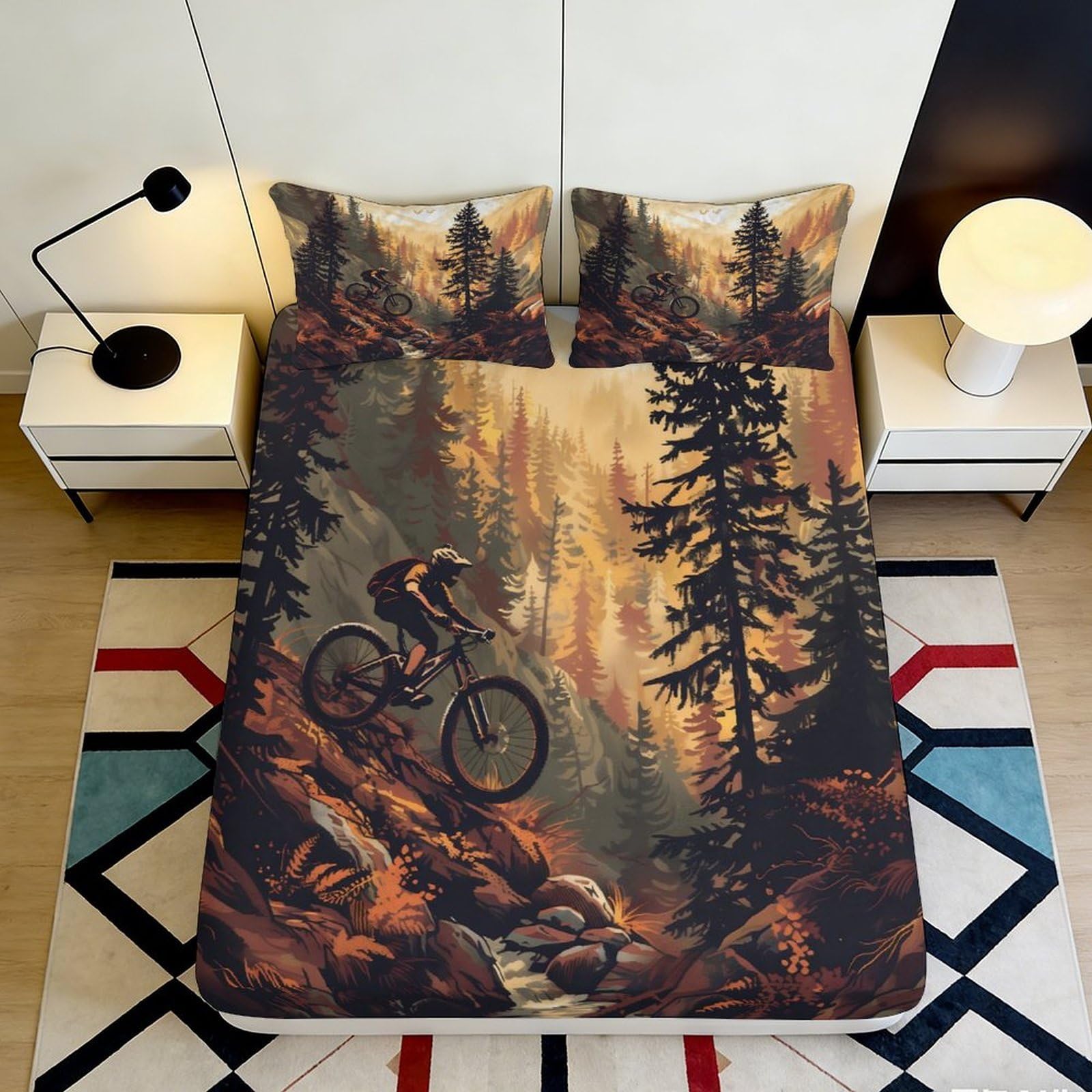 Jqzkxnhpbr Style-7 3D Printed Mountain Forest Cycling Fitted Sheet Microfiber Breathable Bed Cover For Bedroom Guest Room Decor 90X200x25cm