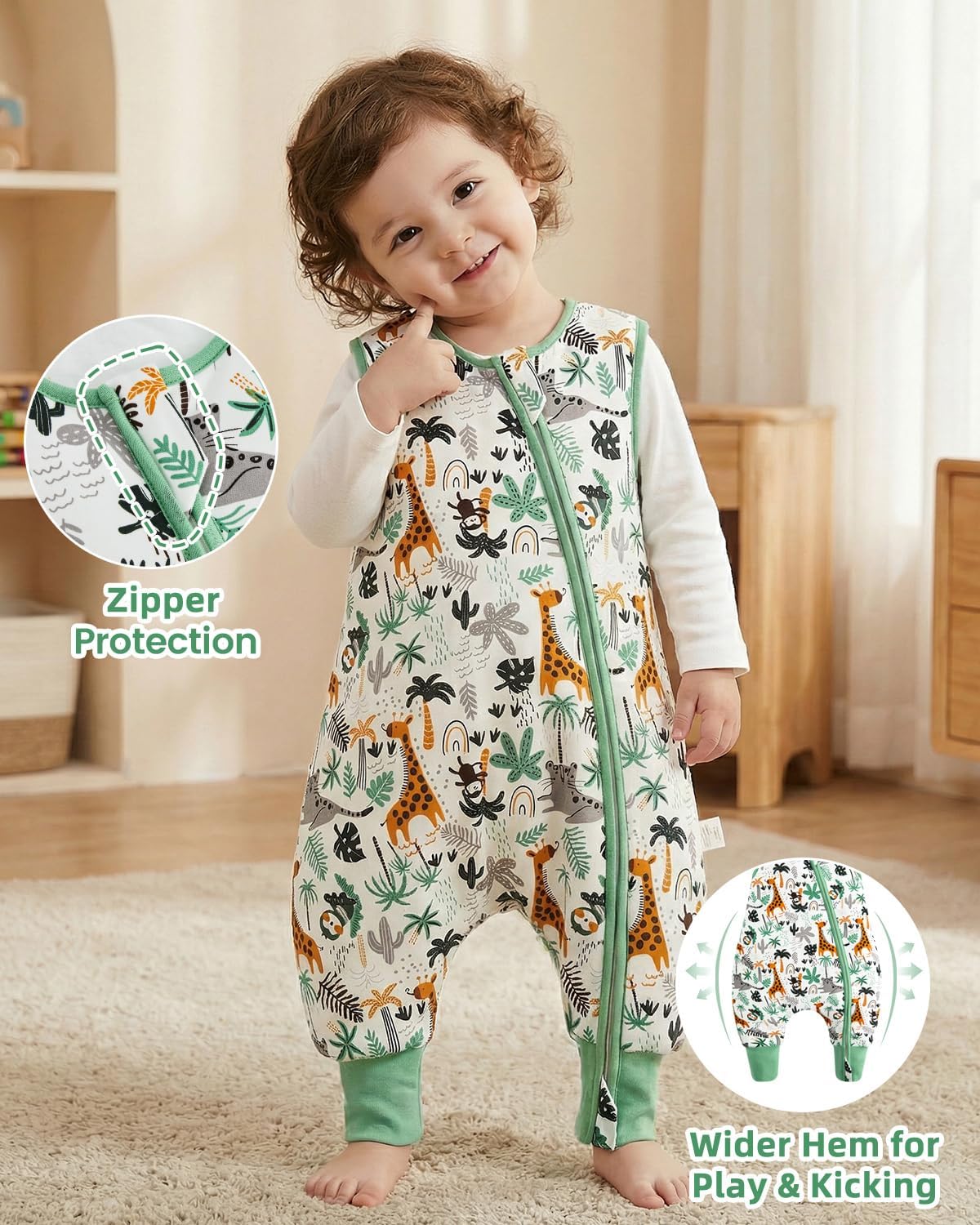 WYTbaby 2-Pack Baby Sleep Sack with Legs, 1.5 TOG Cotton Wearable Blanket, 2-Way Zipper Padded Toddler Sleep Bag