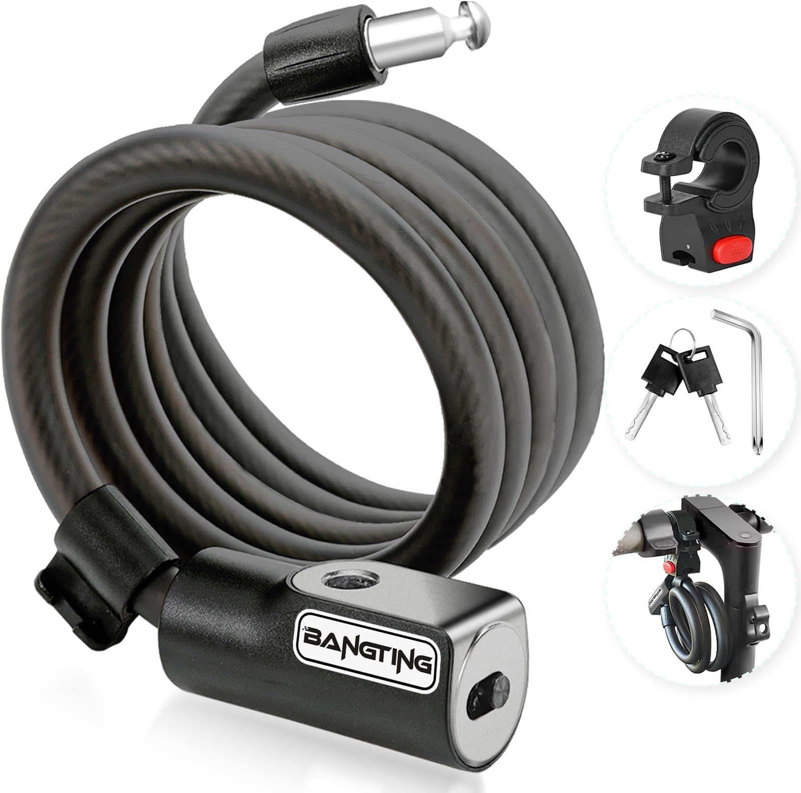 BANGTING E Scooter Lock, Bicycle Lock, 120 cm/12 mm Bicycle Lock, High Security, Cable Lock with 2 Keys for E Scooter/E Scooter/Bicycle/Motorcycle/Children's Bicycle/Pram/Door, Bike Lock
