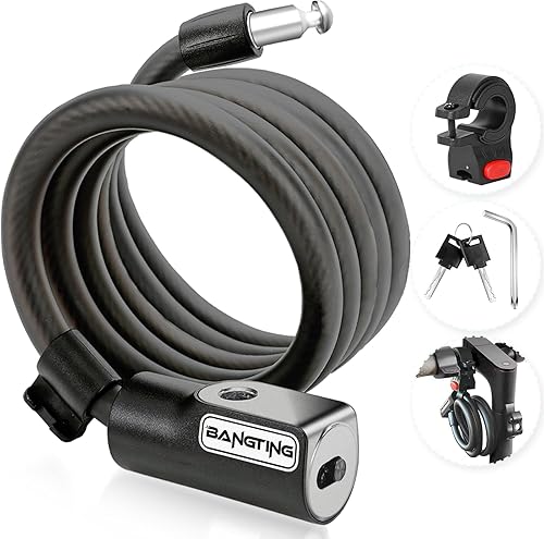 BANGTING Candado eléctrico de 4 pies para bicicleta con soporte de montaje y 2 llaves, 0.472 in de grosor, resistente a la intemperie, antirrobo y
