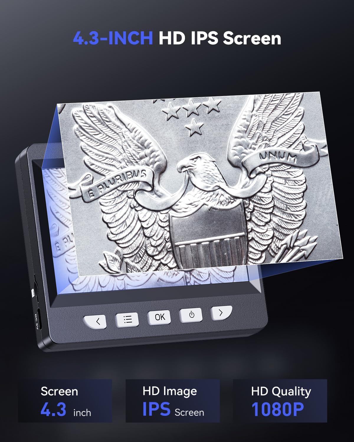 Digital Microscope, Coin Microscope with Light Adjustable Brightness 4.3" HD LCD Screen, 1000X Zoom PC View, Compatible with MacOS & Windows - Black