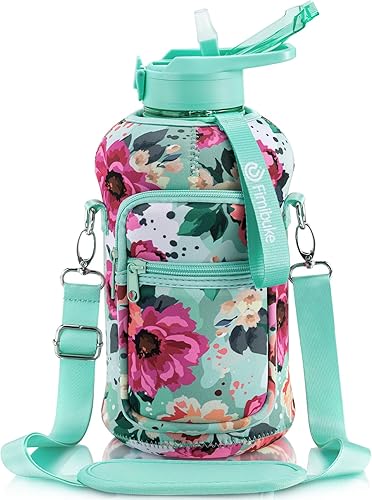 Fimibuke Half Gallon Water Bottle with Sleeve 64 OZ Water Bottle with Straw & Time Marker Leakproof Motivational Sports Gym Water Bottle with Handle