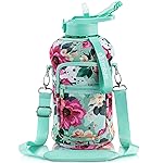 Fimibuke Half Gallon Water Bottle with Sleeve 64 OZ Water Bottle with Handle & Straw Leakproof Motivational Sports Gym Water Bottle with Time Marker Water Jug with Neoprene Holder - Floral Bloom