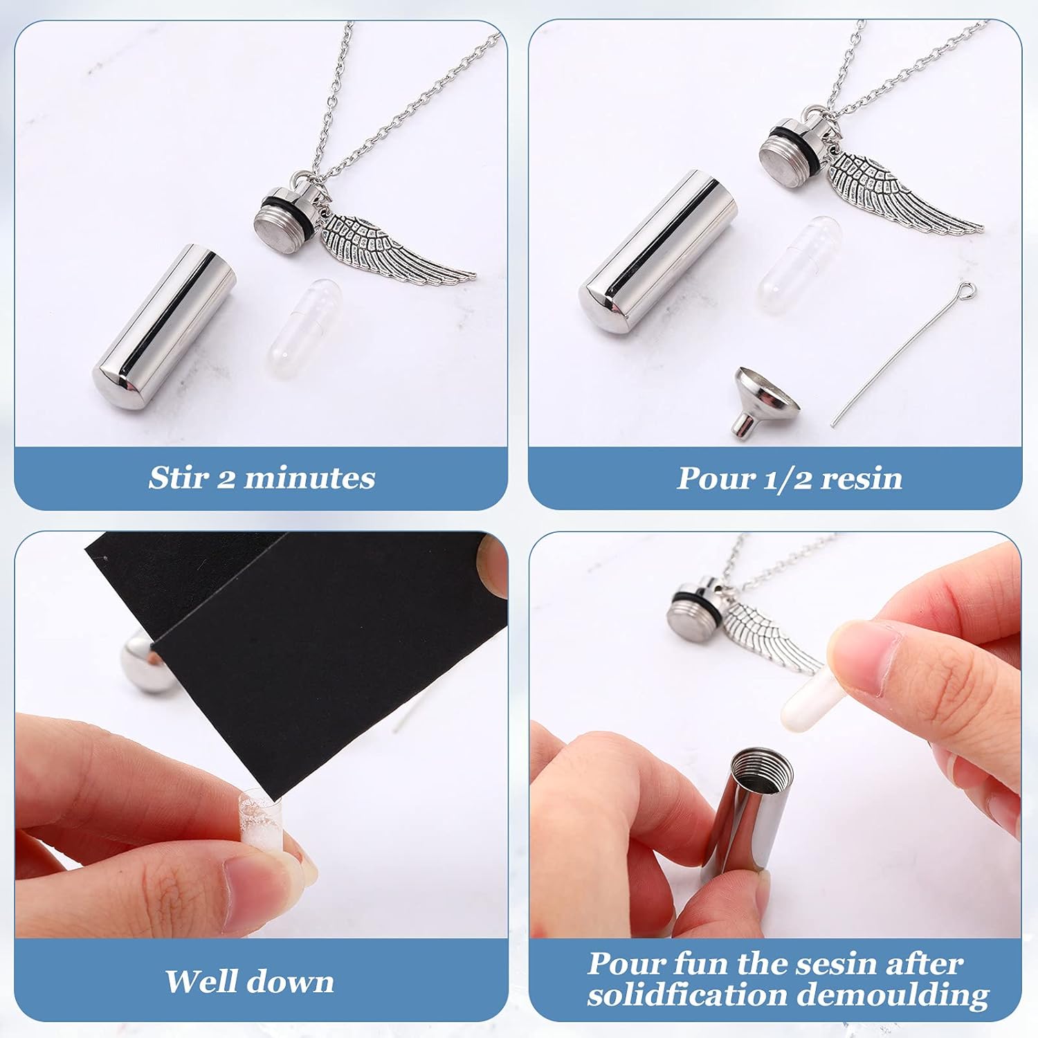 MTLEE Urn Necklace for Ashes Cremation Jewelry for Ashes, 6 Pieces Stainless Steel Cremation Jewelry for Women Men, Memorial Necklace Angel Keepsake Cylinder Pendant with Filling Kit - Image 6