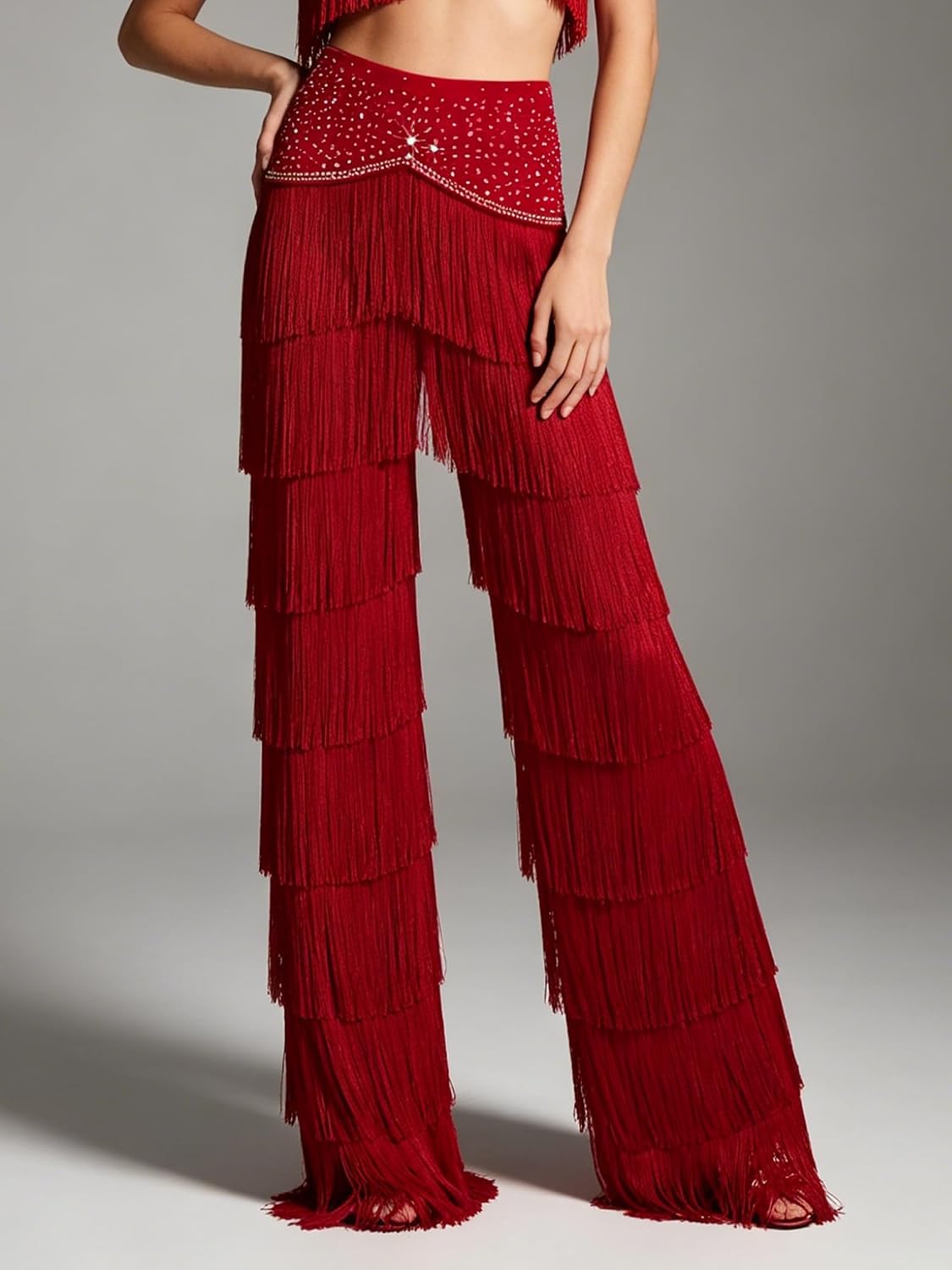 Freebily Women Latin Salsa Training Ballroom Trousers Layered Tassel Elastic Waist Professional Pants for Dance