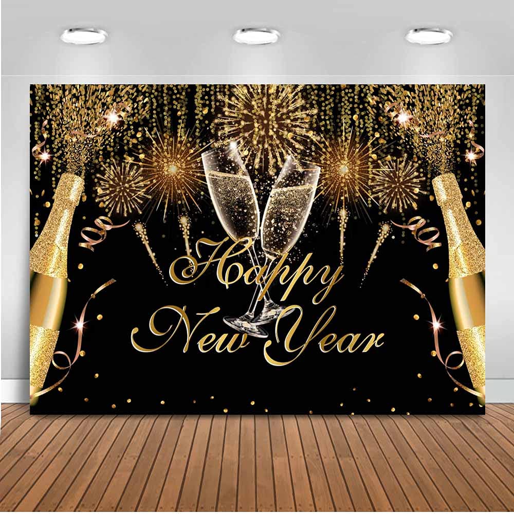 Mocsicka Neujahrs-Fotohintergrund 2,1 X 1,5 M – Schwarz-gold, Champagner-Motiv Für Silvester-Party