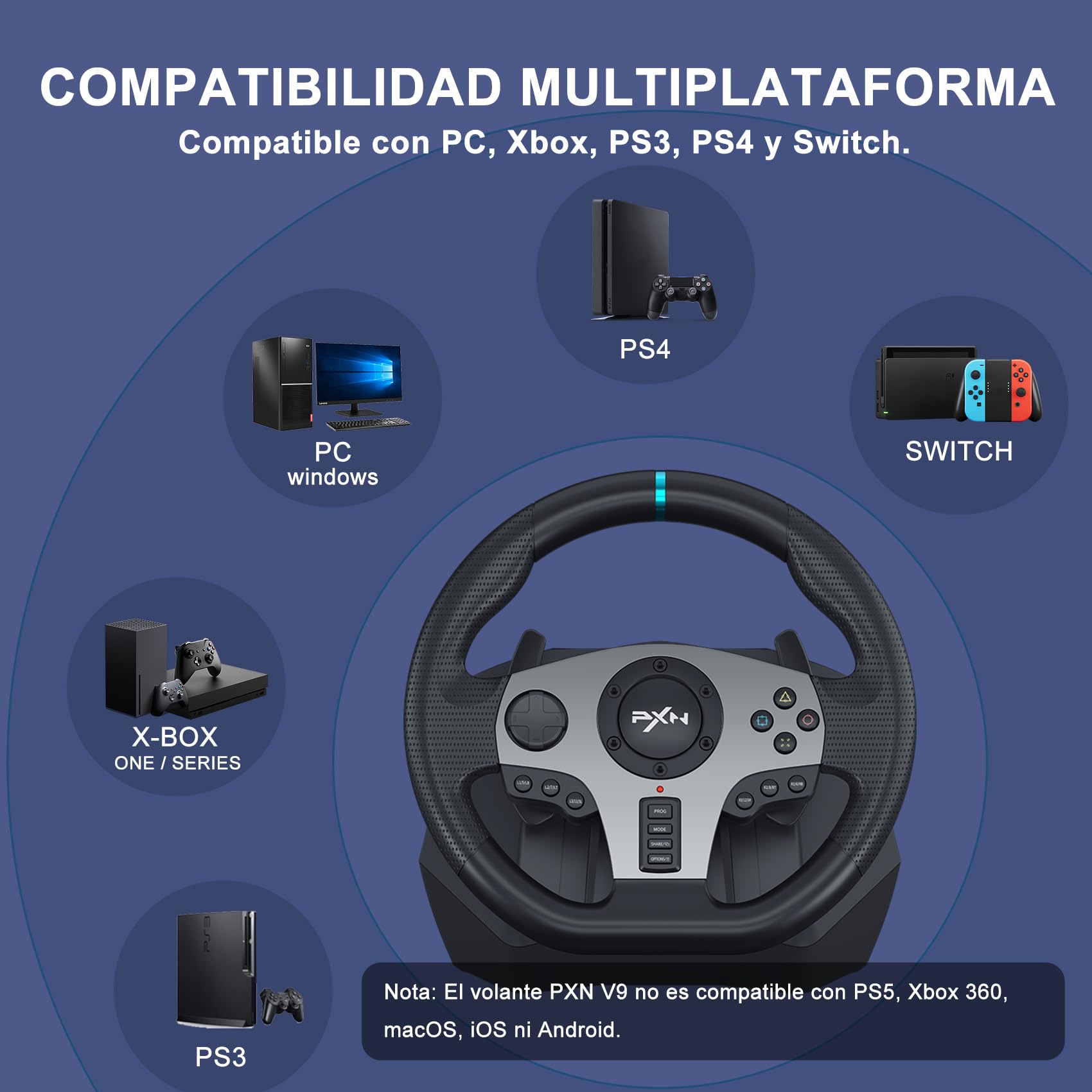PXN V9 Volante de Carreras de 270/900° con Pedales y Palanca de Cambios y Feedback Vibración, con Tool App, Volante para PC, Xbox, PS4, y PS3