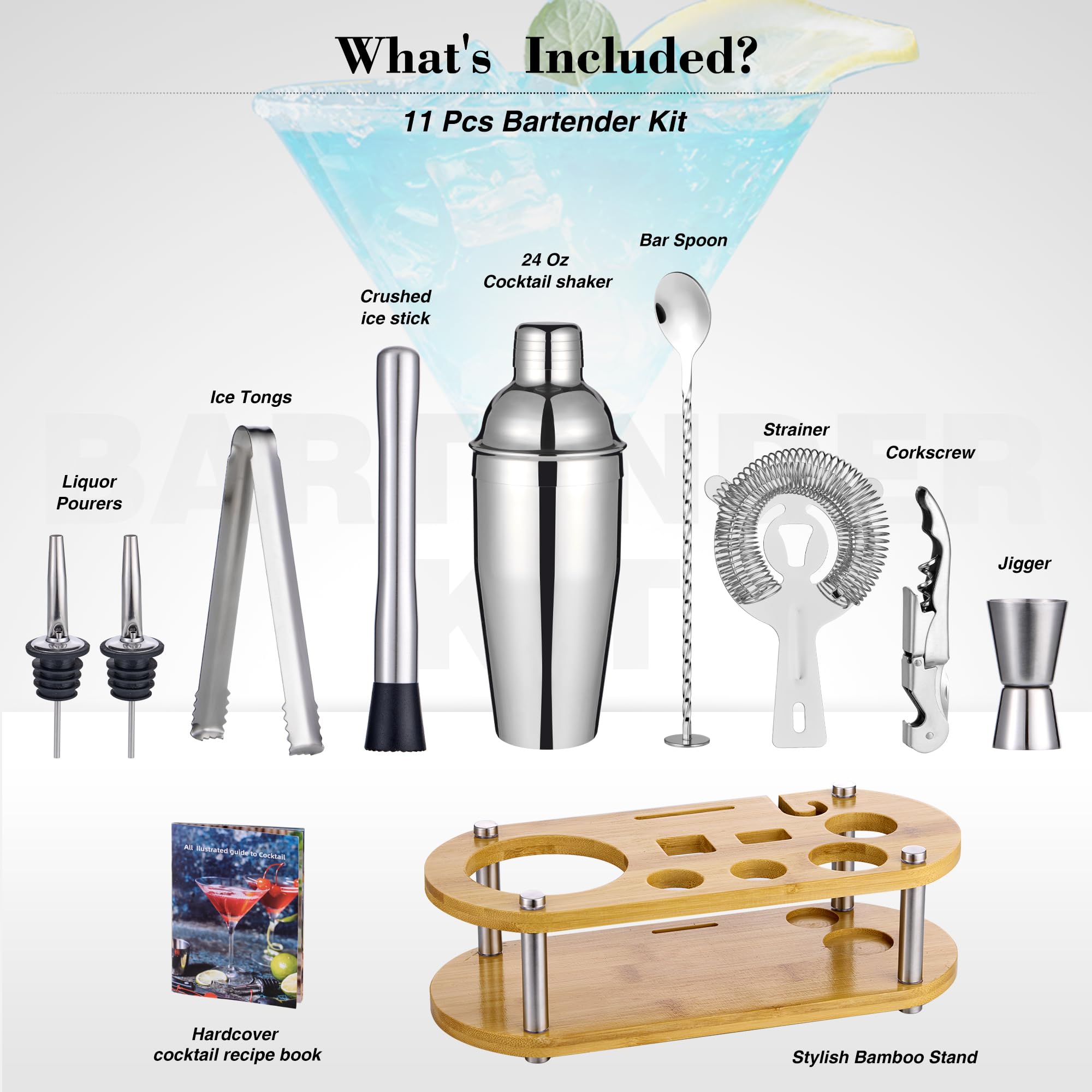 Set di shaker per cocktail da barista, 11 pezzi, con supporto in bambù e tutti gli accessori da bar: shaker Martini, colino, misurino, pestello, cucchiaio miscelatore, kit da bar, casa e feste