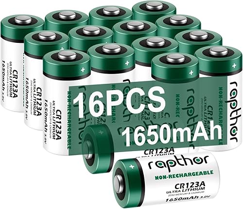 rapthor CR123A - Paquete de 16 baterías de litio de 1650 mAh de alta potencia con certificación UL, 3 V, batería no recargable con PTC integrado