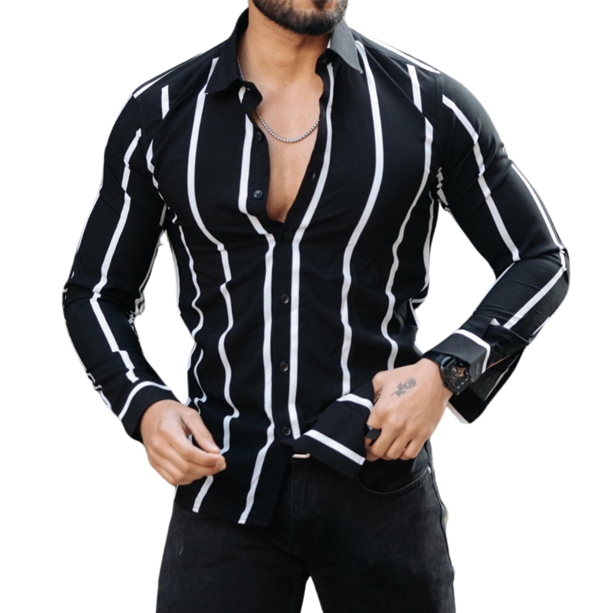miramichi Men's Striped Slim Fit Lycra Shirt | Full Sleeve Stretchable Shirt | Trendy Black and White Vertical Stripes for Casual-picture-52