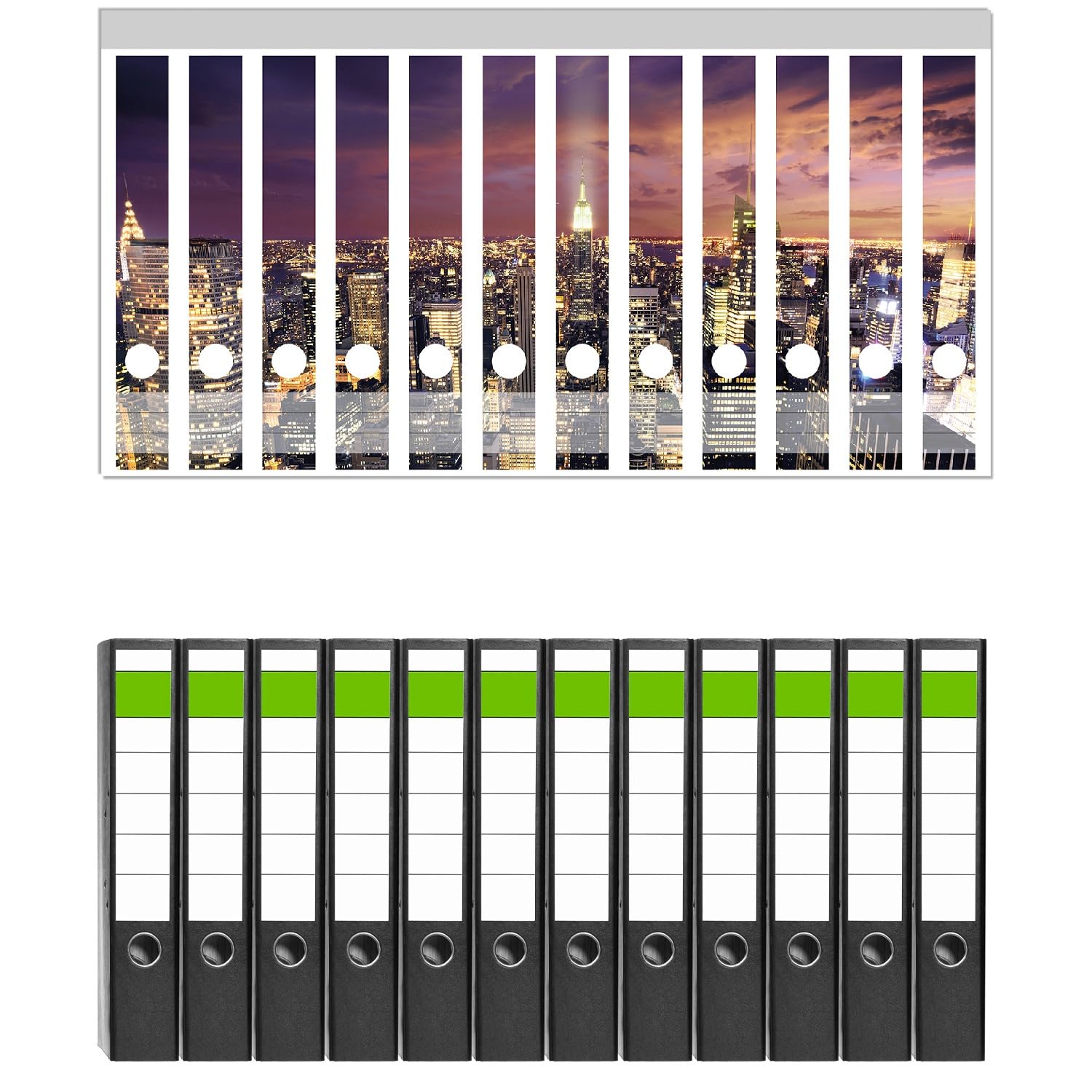 Wallario 12 Stück schmale Ordner inkl. Klebeetiketten mit Motiv New York bei Nacht - Panoramablick über die Stadt - Set mit Rückenschildern/Ordnerrücken Stickern