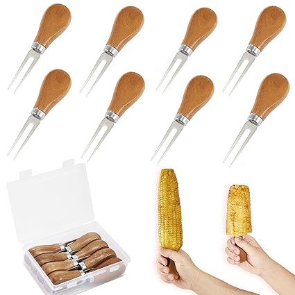 8Pcs /4 Pairs Corn Cob Holders, Big Wooden Handle Stainless Steel Forks Good Grips Corn Pick Set, Skewers Holders Hot Dog Fruit Forks, For BBQ Home Cooking Parties Grill Camping Barbecue