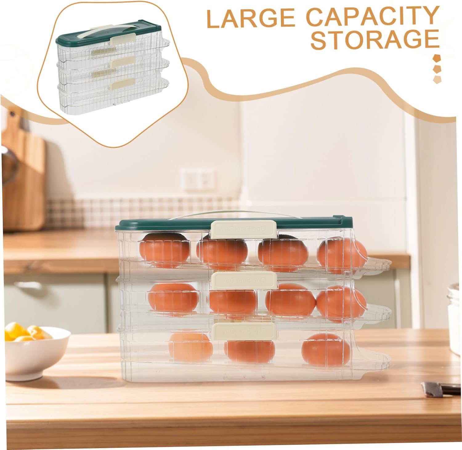 Automatic Rolling Egg Holder 3-Layer Refrigerator Egg Storage Rack Lid Large Capacity for Home Kitchen Organization