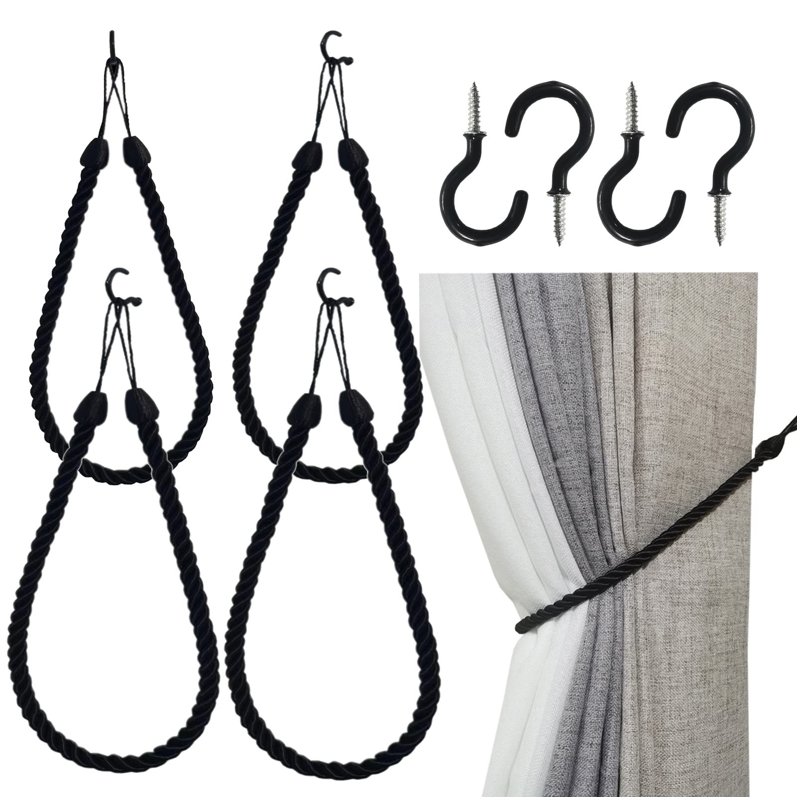 SLIFEOW Curtain Tiebacks Ropes 4 Pack, Decorative Handmade Tie Backs Curtain Holdbacks with 4 Metal Screw Hooks, Holders Cord for Thin or Thick Window Drapes Indoor Outdoor (Black, 4) Black Out 4