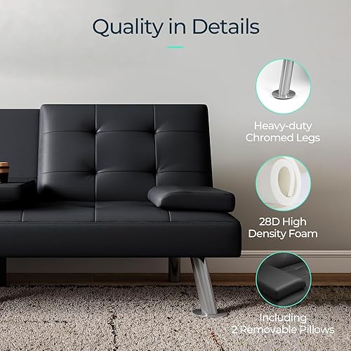 Miniatura 5 de LINSY Sofá cama futón, sofá cama de piel sintética con colchón y marco, sofá futón convertible para sala de estar, color negro