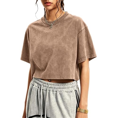 SnowElve Women's Oversized Cropped T Shirts Boxy Cropped Tees for Women Acid Wash Vintage Tees Loose Fit Y2K Grunge Tops