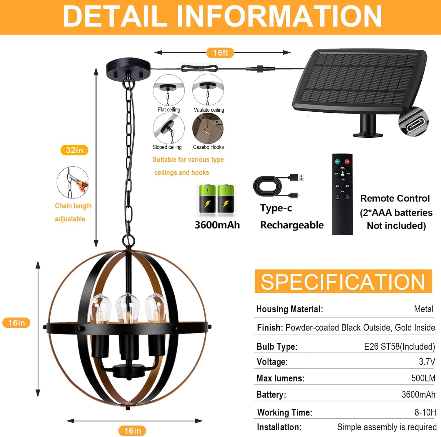 Solar Chandelier Outdoor, 4-Light 16" Farmhouse Globe Chandelier Waterproof Dimmable Hanging Pendant Lights for Gazebo, Pergola, Canopy, Porch, Patio Decor