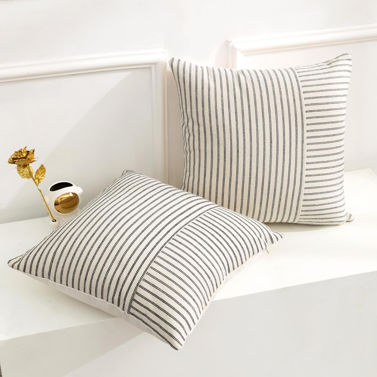 YCOLL Farmhouse Pillow Covers 22x22, Modern Accent Square Throw Pillow Covers Set of 2, Black and Beige Striped Patchwork Linen Decorative Pillows Cushion Covers for Couch Chair Bedroom Home Decor - Image 5