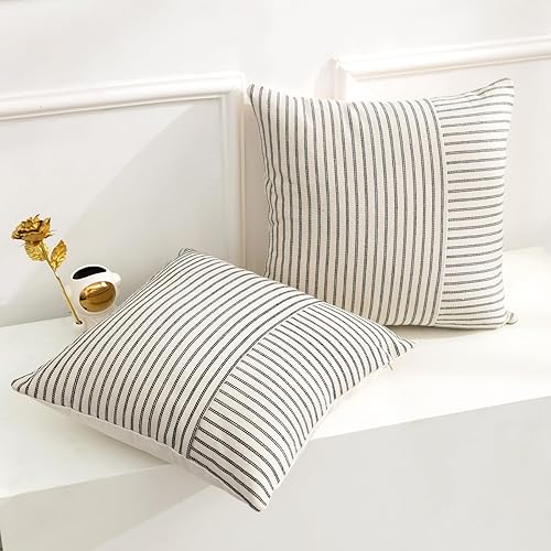 Miniatura 5 de Fundas de almohada de granja de 22 x 22 pulgadas, juego de 2 fundas cuadradas modernas, decorativas, de lino, con retazos de rayas negros y beige,