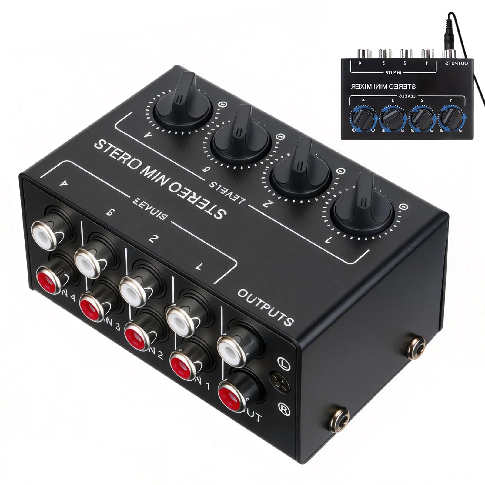 Mixer audio stereo, mixer passivo, mixer audio stereo a 4 canali con controllo del volume indipendente, mixer DJ compatto per studio, club, bar, strumenti misti e PC