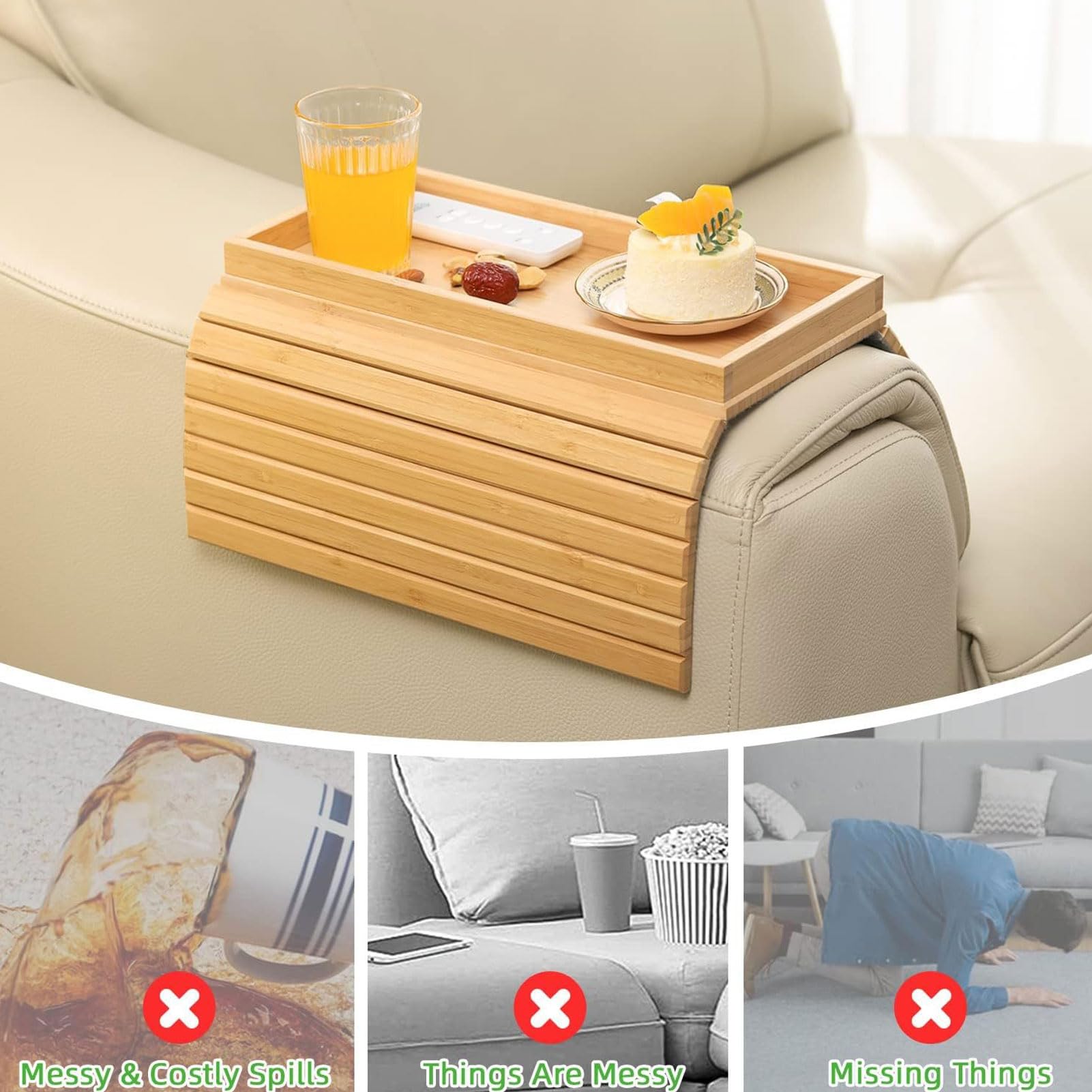 Bandeja para reposabrazos de sofá, bandeja plegable para TV con portavasos extraíble, mesa auxiliar antideslizante para teléfono Drin y aire acondicionado (color madera)