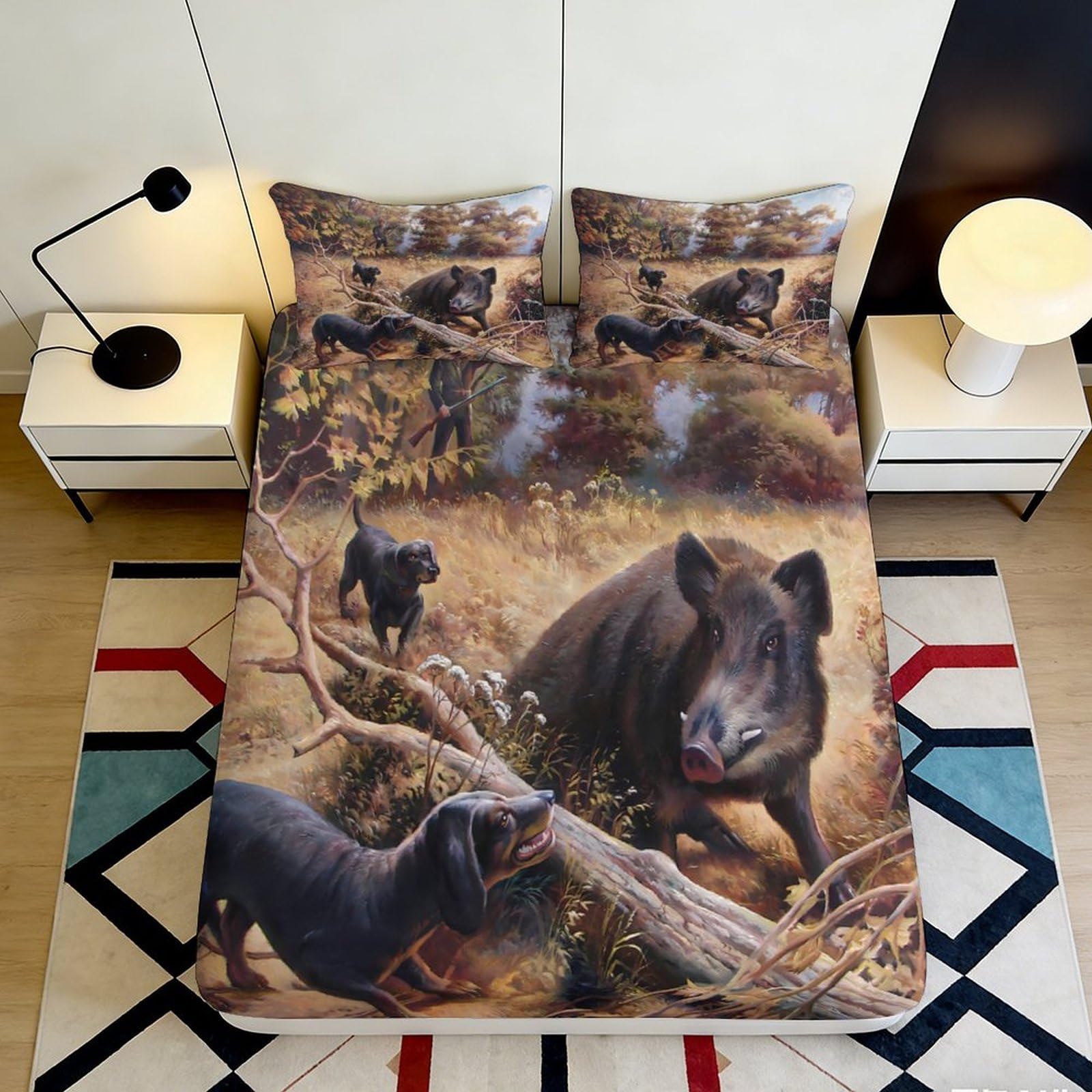 3D Printed Wild Boar Forest Fitted Sheet Microfiber Soft Breathable Hunting Dog Bed Cover for Bedroom Decor 90x200x25cm