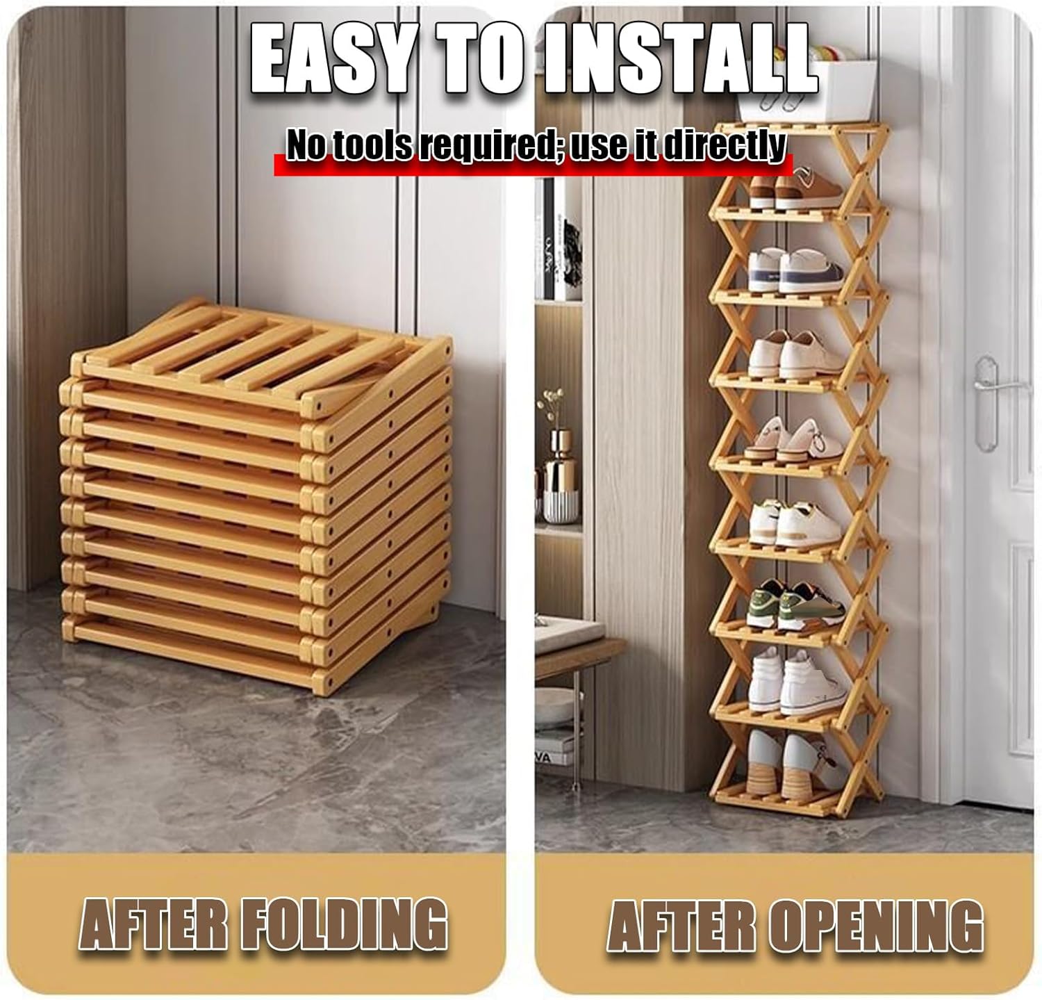 The 9-Tier No-Assembly Bamboo Rack, 2026 New Bamboo Foldable Shoe Rack Organizer, Space-Saving Multifunctional Tall Narrow Shoe Shelf for Entryway, Closet, Corner, Bedroom, Hallway (6)