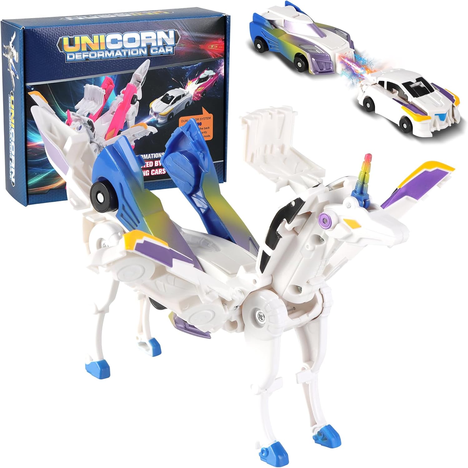 Vingtank Transforming Unicorn Car Toy, Transforming Car Robot Toys, Collision to Magical Unicorns Automatic Deformation of Magnetic Connections Unicorn Toy for Boys and Girls (Blue)