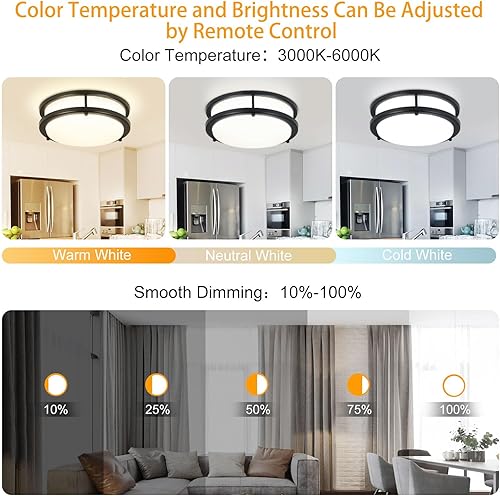 Miniatura 5 de DLLT - Lámpara de techo LED moderna de 24 W con control remoto, regulable de 10 pulgadas, lámpara de techo redonda negra para dormitorio, cocina,