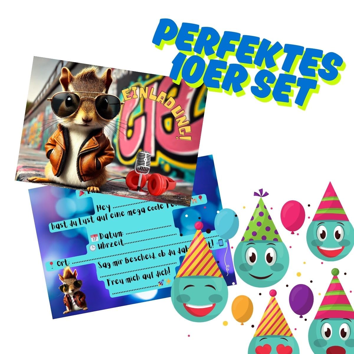 Tarjetas de invitación de cumpleaños infantiles con animales, 10 tarjetas DIN A6, divertidas invitaciones para niños y niñas (ardilla)