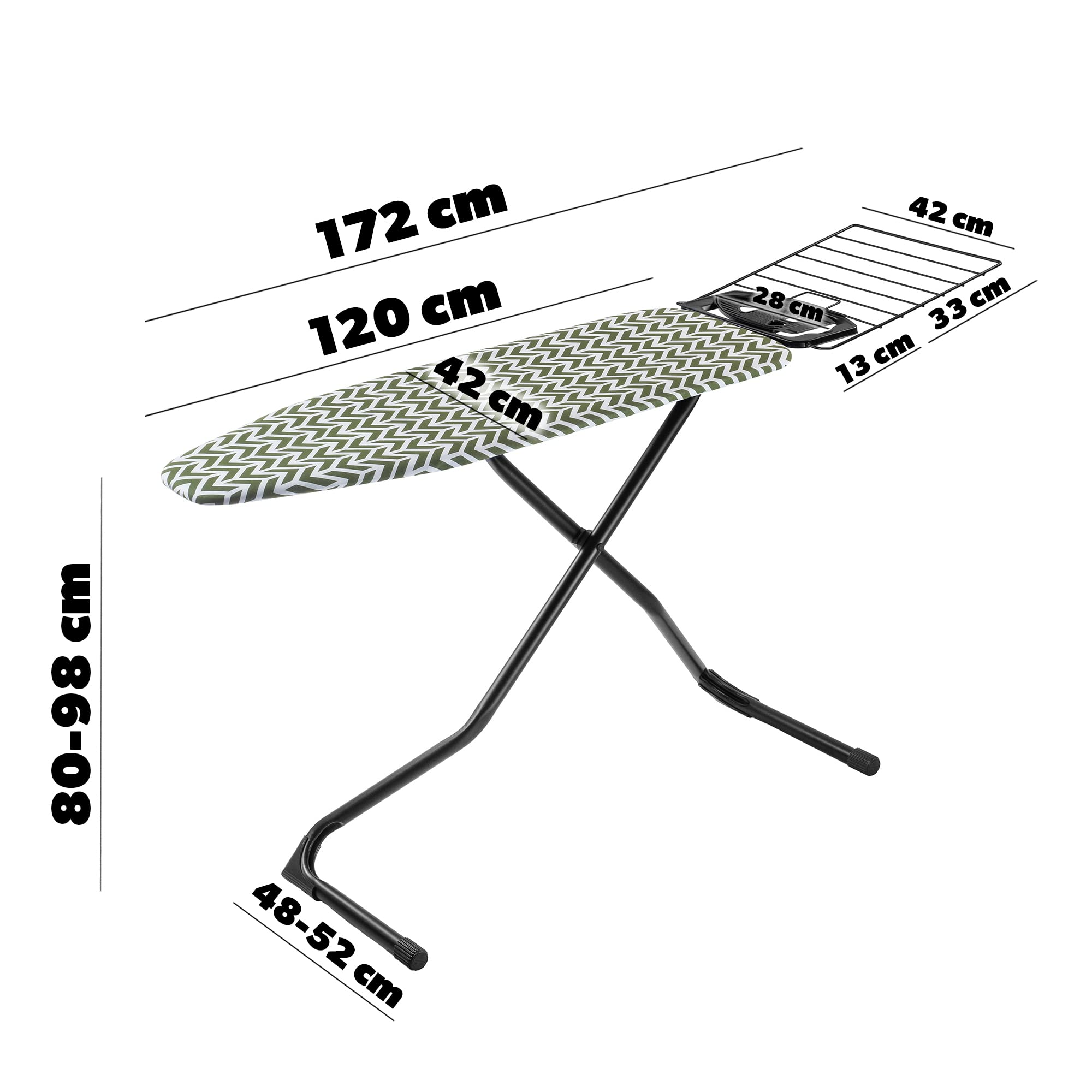 KADAX Deska do prasowania 120x42 cm z wysuwaną półką, regulacją wysokości i antypoślizgowymi stopkami, do żelazek parowych, kolor zielony