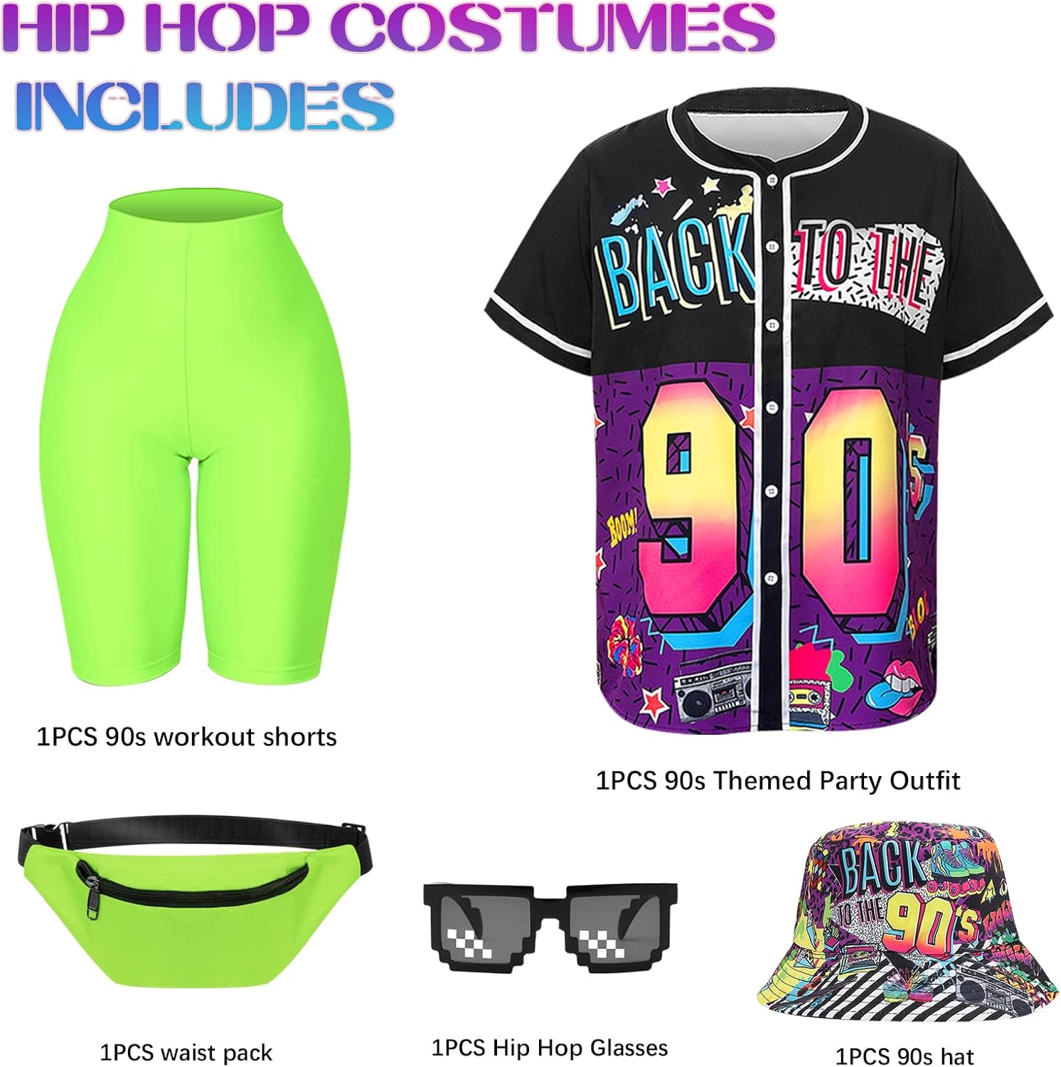80s 90s Outfit Women Hip Hop Costume Baseball Jersey Shirt Yoga Pants Bucket Hat Rapper Accessories Party Music - Image 3