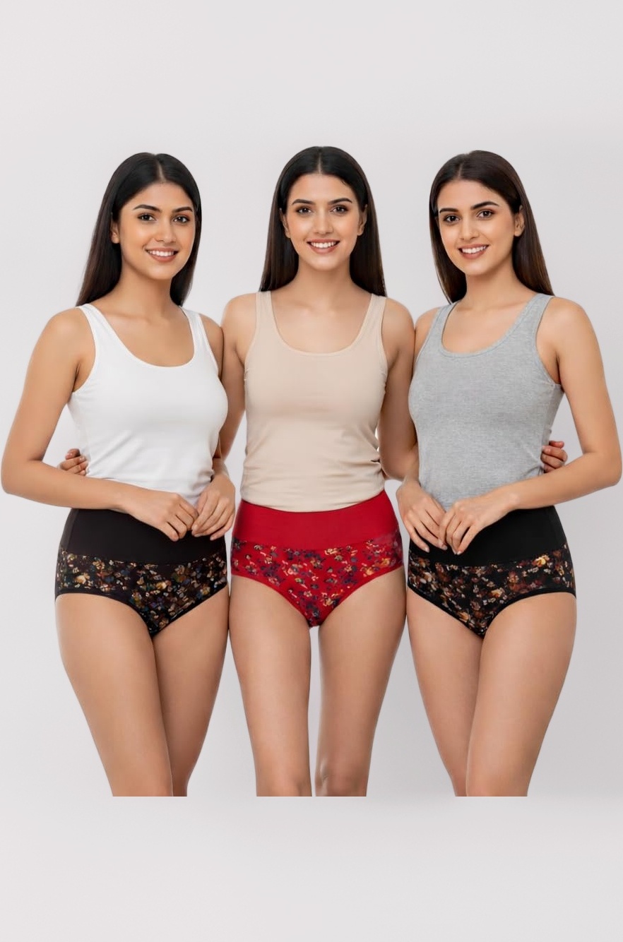 Women's Cotton Tummy Control Panties (Pack of 3), Free One Pair Transparent Bra Strap