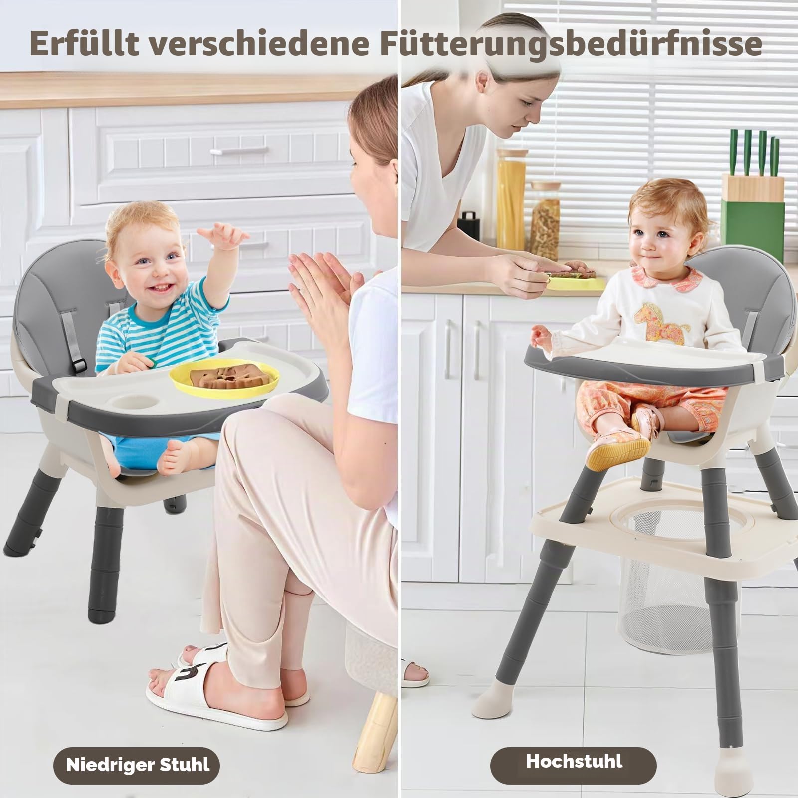 Hochstuhl Baby 7 in 1 Kinderhochstuhl,Babystuhl mit Esstisch,Fußstütze,Korb,Sicherheitsgurt und Abnehmbares Doppeltablett,Babyhochstuhl ab 6 Monate (Grau)