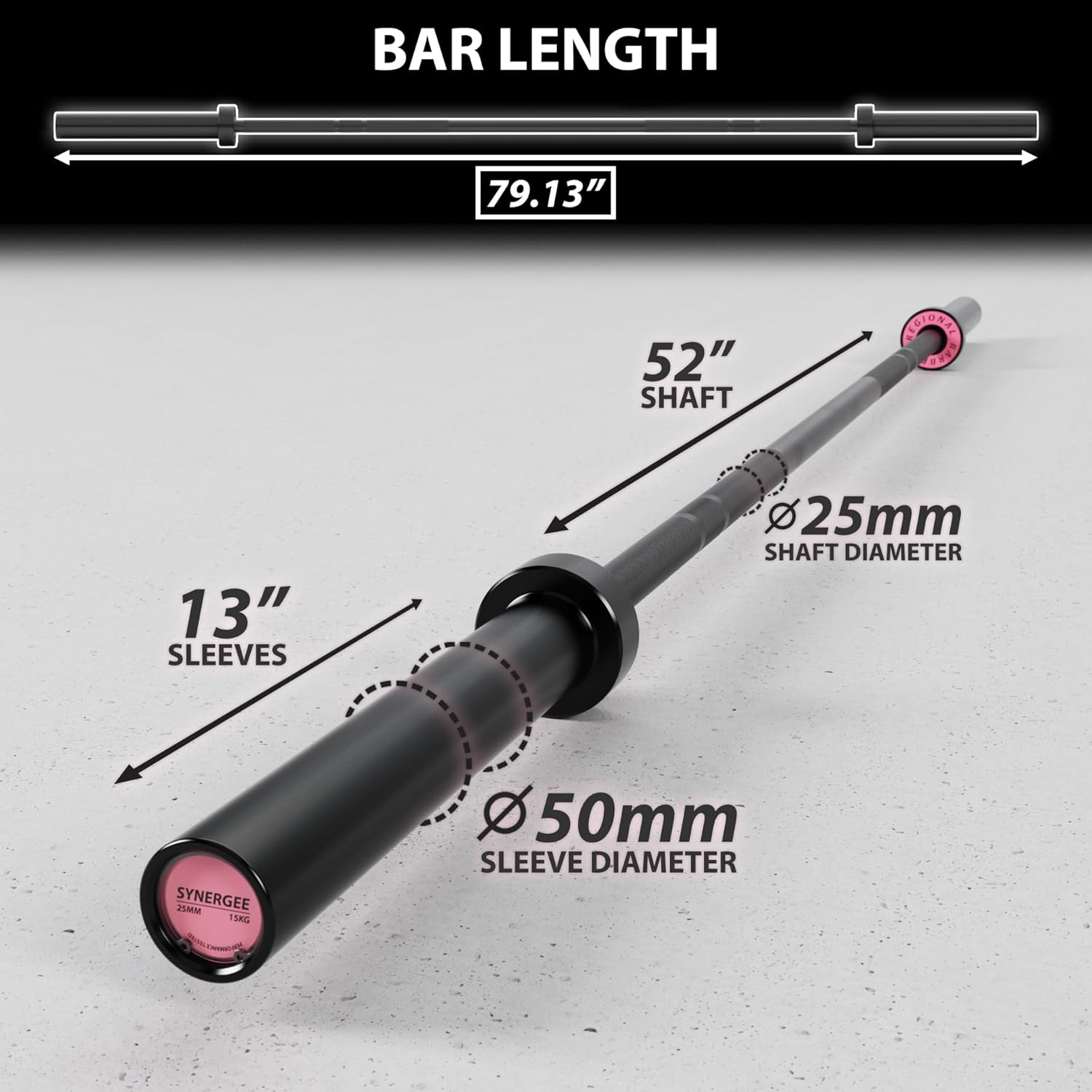 Synergee Regional Olympic 20kg Men’s and 15kg Women’s Hard Chrome & Black Phosphate Barbells. Rated 1500lbs for Weightlifting and Powerlifting.