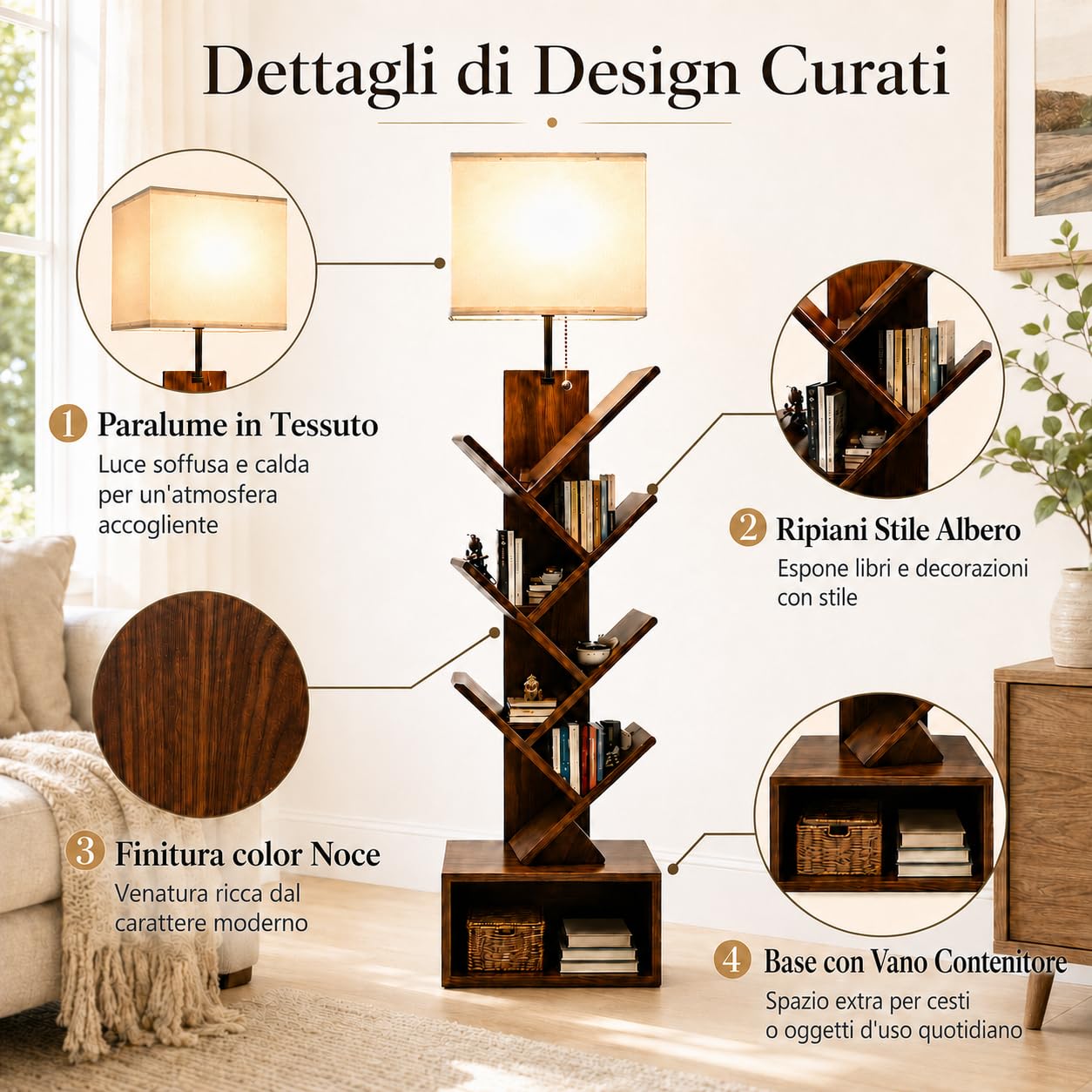 Libreria ad Albero a 6 Ripiani con Lampada da Terra, Lampadina LED E27 da 12 W e 3 Temperature di Colore, Scaffale Angolare Salvaspazio con Vano per Soggiorno, Camera, Studio e Piccoli Spazi