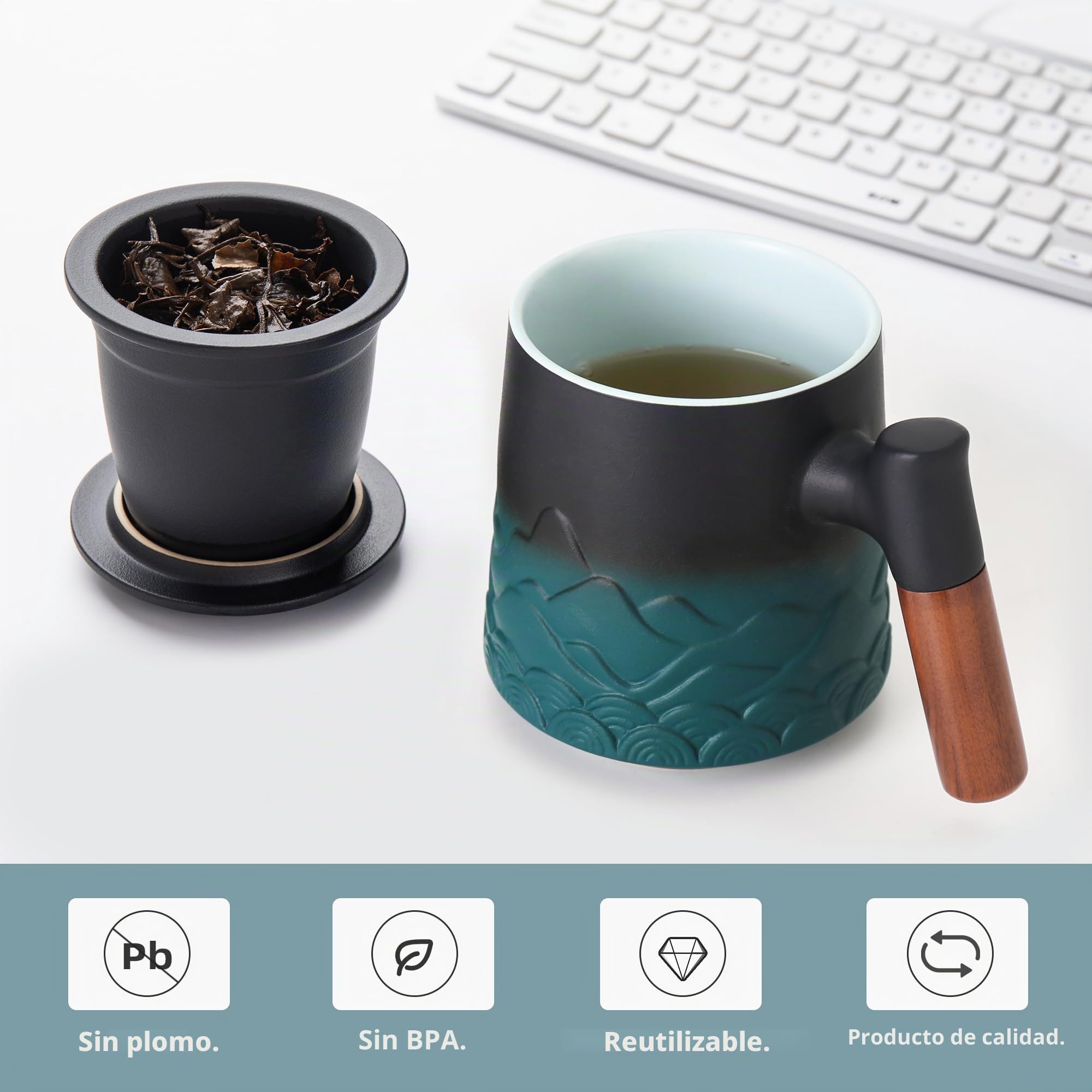 Taza Infusiones con Tapa y Filtro – Tazas de Té 500ml Grande Cerámica Artesanal con Asa de Madera – Regalo para los Amantes del Té, Verde Elegante