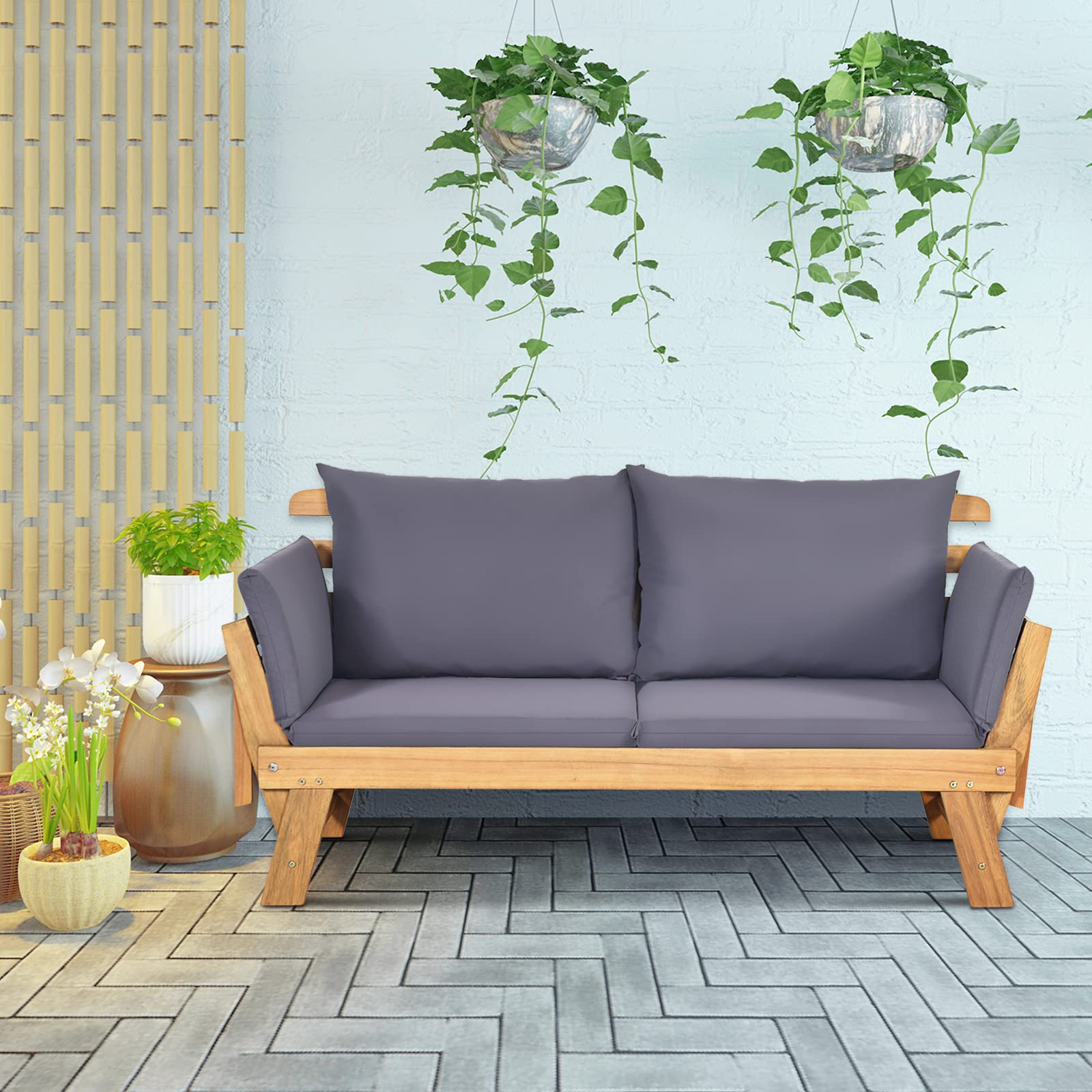 KOMFOTTEU Canapé de Jardin en Bois d'acacia, 2 Places, Sofa de Jardin avec Accoudoirs Inclinables, Canapé d'Extérieur avec Coussin, 157-198 x 75 x 75 cm, pour Terrasse, Balcon, Cour (Gris)