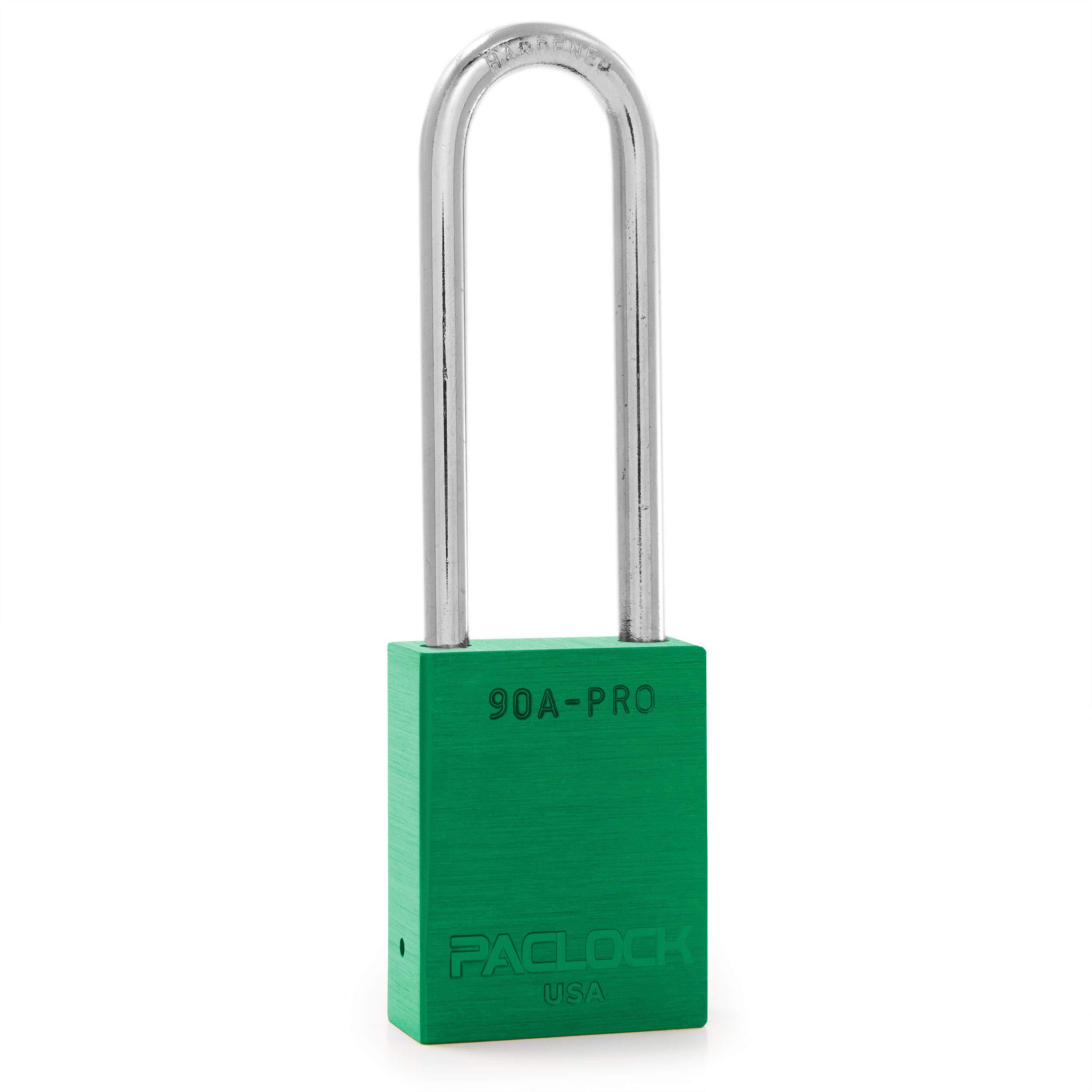 PACLOCK's 90A-PRO Padlock, 1/4" Diameter Hard. Steel Shackle, 3" Tall, High Performance 7-Pin Cylinder w/ 1 Key, Keyed Alike, Green