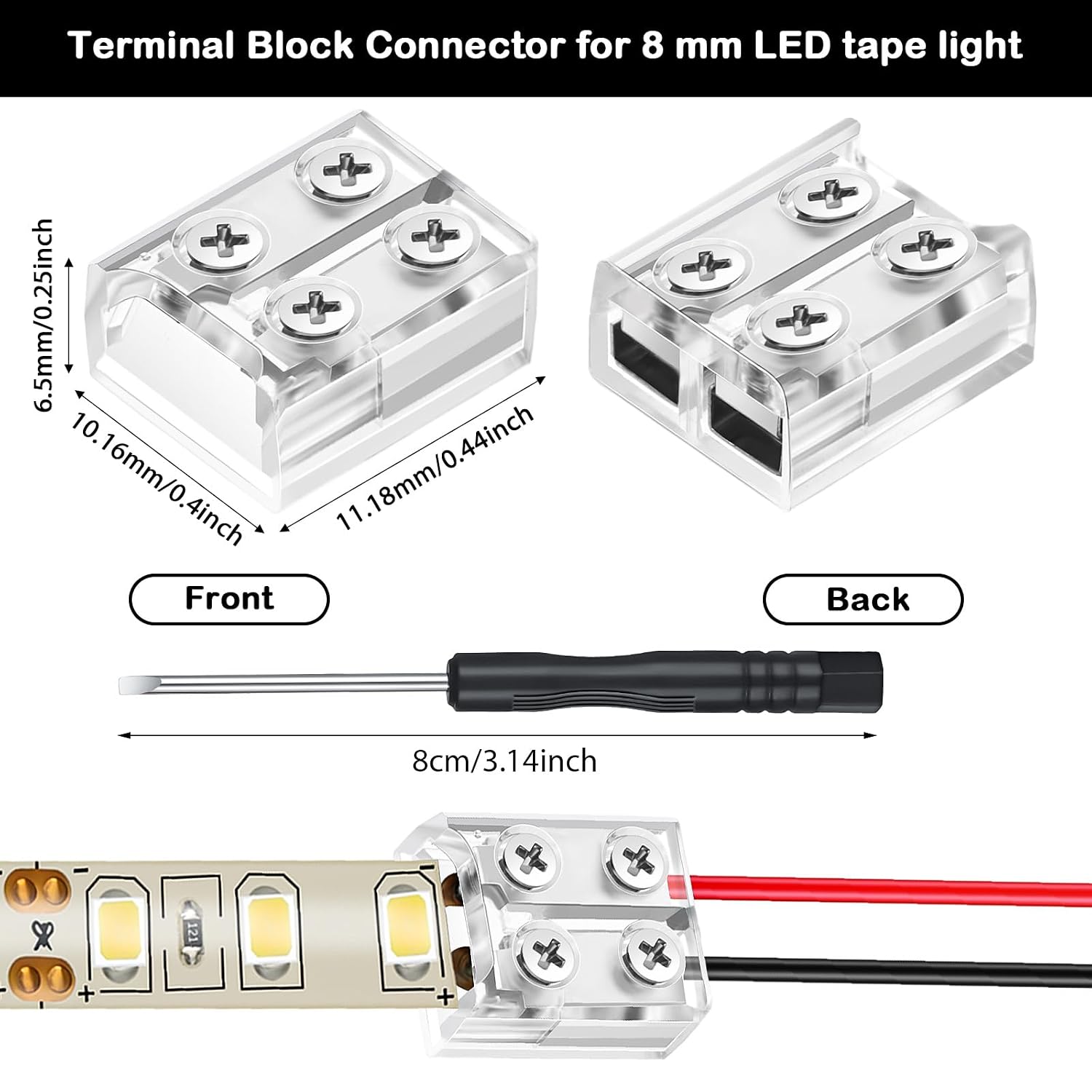 Flutesan 25 Pack LED Strip Tape Light Connector 2 Pin Terminal Block Screw Down Solderless LED Light Strip Connector Tape to Wire for 5v 12v 24v Single Color Lights(8mm,Clear)
