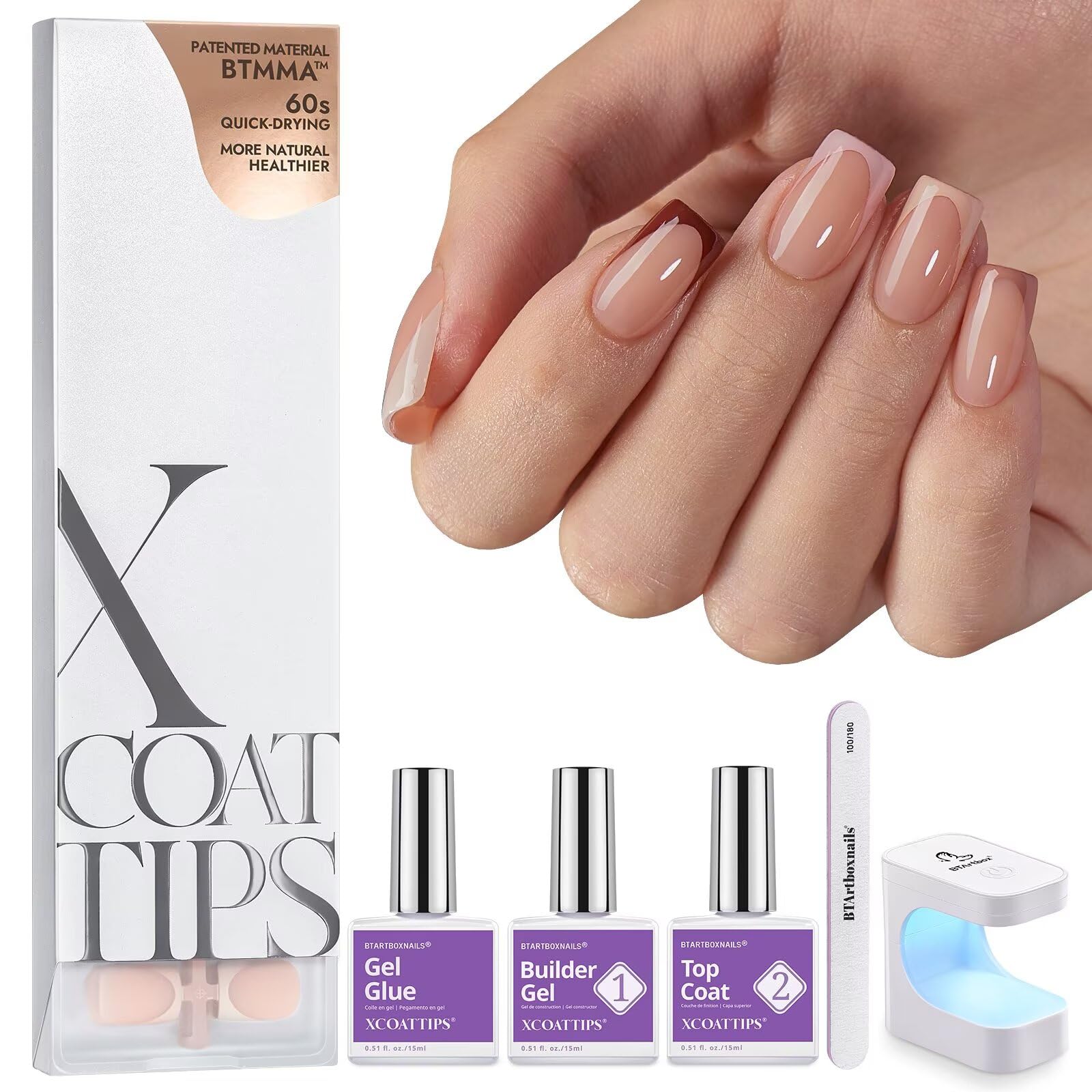BTArtboxnails XCOATTIPS French Tip Press on Nails - Skin Tones Short Press On Nails Square, Soft Gel Nail Tips with Nail Gel, French Protecting Duo, Nail Lamp, All in One Fake Nail Extension Kit