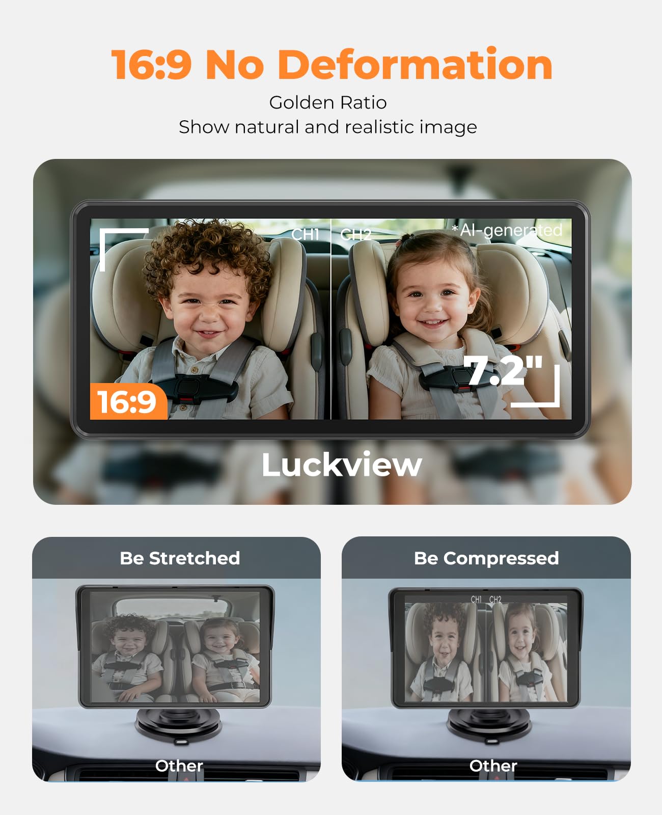 LUCKVIEW Kamera samochodowa dla 2 dzieci, podwójny K z 7,2-calowym krystalicznym ekranem 1080P, łatwa instalacja z 2 kamerami noktowizyjnymi na podczerwień, tylna kamera bezpieczeństwa