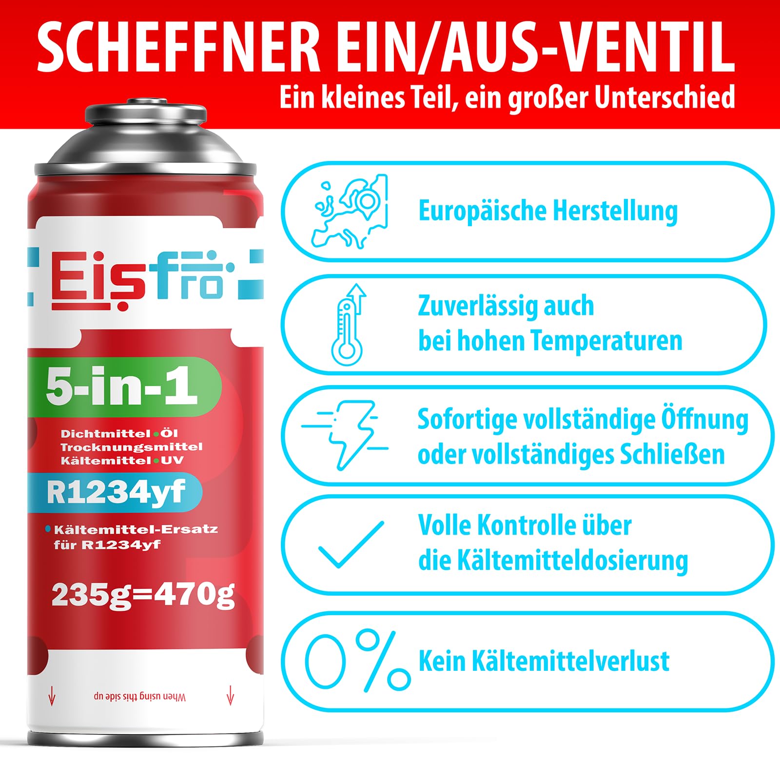 5in1 - Kältemittel R1234yf x2 für Auto Klimaanlage mit Öl, Dichtungsmittel, UV-Farbstoff, Trocknungsmittel - Schnelle Anwendung - Schützt den Kompressor - 235g Jede Dose
