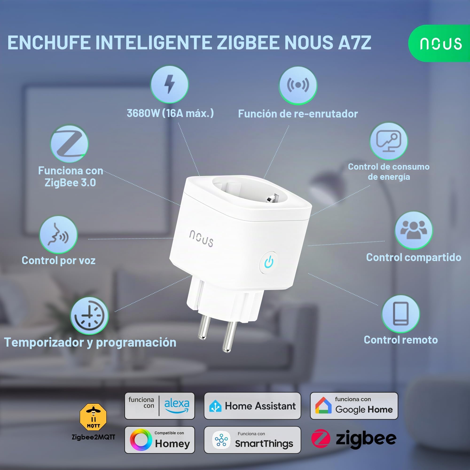 NOUS A7Z ZigBee Smart Socket con Monitorización de Energía, 16A, App y control por voz, Temporizador y Horarios, Compatible con Alexa, Google Home, Home Assistant, Tuya, Requiere ZigBee Hub, Pack of 3